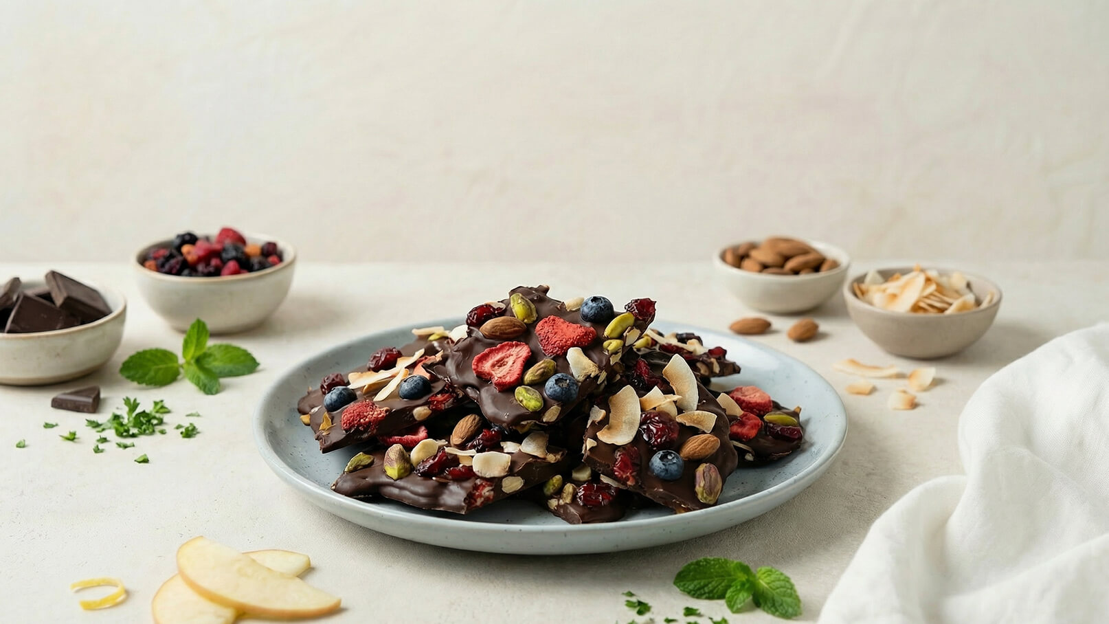 Auf dem Bild ist ein Teller mit Schokoladen-Bark zu sehen, der mit verschiedenen Nüssen, getrockneten Beeren und Kokosraspeln garniert ist. Um den Teller herum stehen kleine Schalen mit weiteren Beeren, Mandeln und Schokoladenstücken.