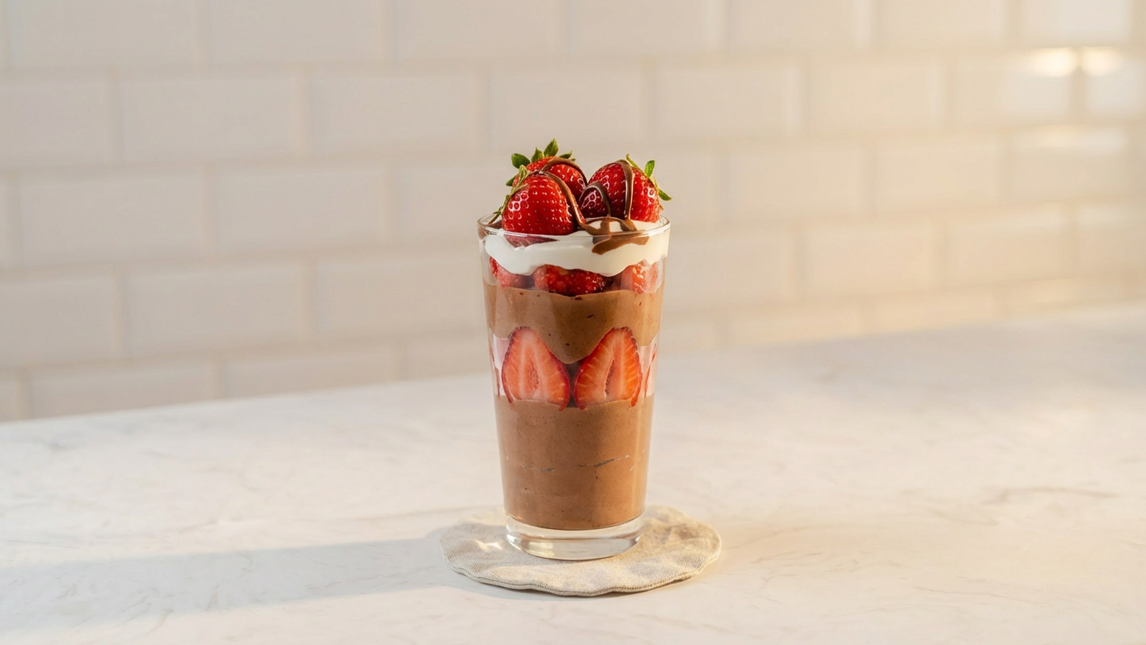 Ein Glas mit Schokoladenmousse ist mit einer Schicht Sahne und frischen Erdbeeren dekoriert. Die Erdbeeren sind teilweise sichtbar und sorgen für einen ansprechenden Kontrast. Das Glas steht auf einem Untersetzer auf einer hellen, marbleartigen Oberfläche.
