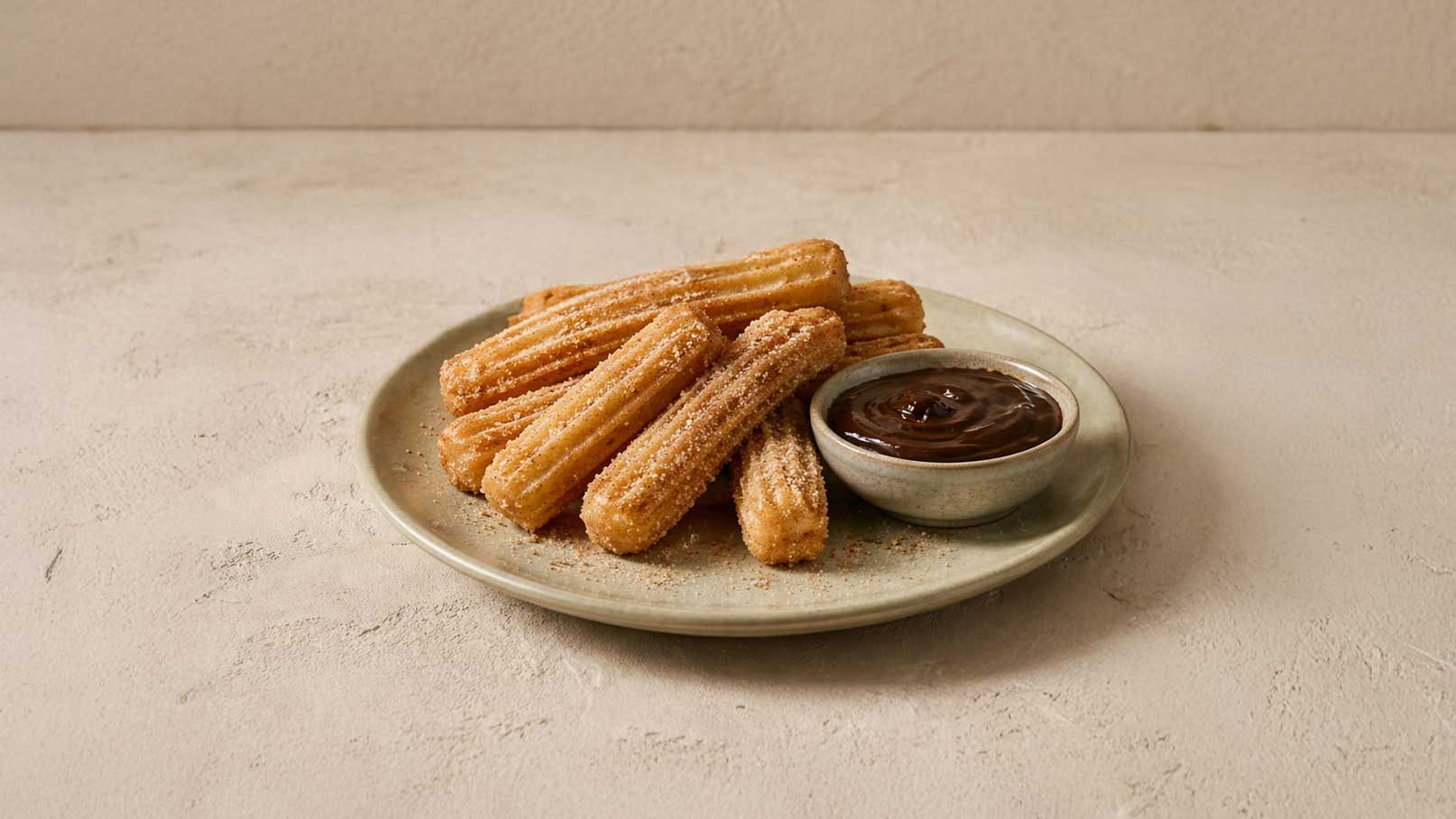 Auf einem Teller liegen mehrere goldbraune Churros, die mit Zucker bestreut sind. Neben ihnen befindet sich eine kleine Schüssel mit einer dicken, dunklen Schokoladensauce zum Dippen. Der Hintergrund ist neutral und hell gehalten.