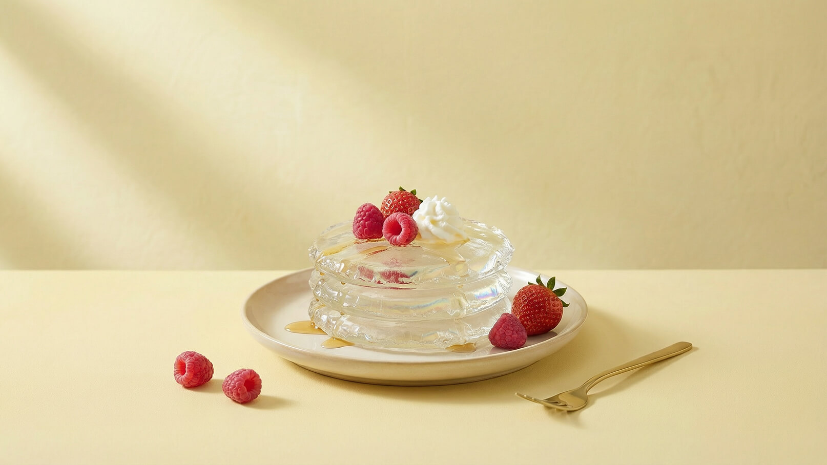 Ein transparente, geleeartige Dessertschicht ist auf einem Teller angerichtet. Oben sind frische Himbeeren und Erdbeeren sowie ein Klecks Sahne platziert. Ein wenig Honig ist über das Dessert gegossen. Neben dem Teller liegt eine goldene Gabel.