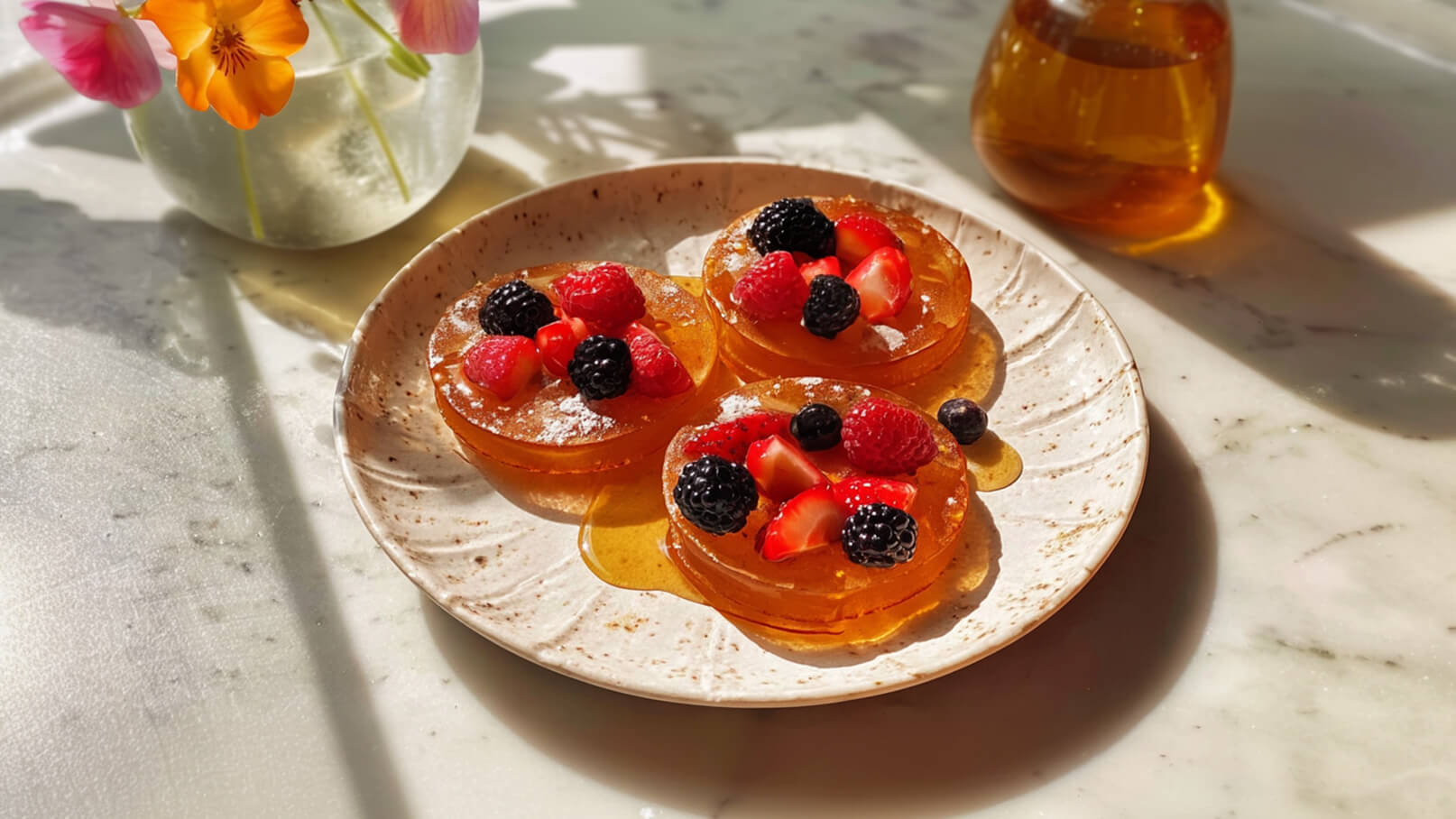 Auf dem Bild sind drei runde Gelee-Desserts auf einem Teller zu sehen, die mit frischen Beeren wie Erdbeeren, Himbeeren, schwarzen Johannisbeeren und Blaubeeren garniert sind. Honig verläuft um die Desserts. Das Licht schafft eine warme, einladende Atmosphäre.