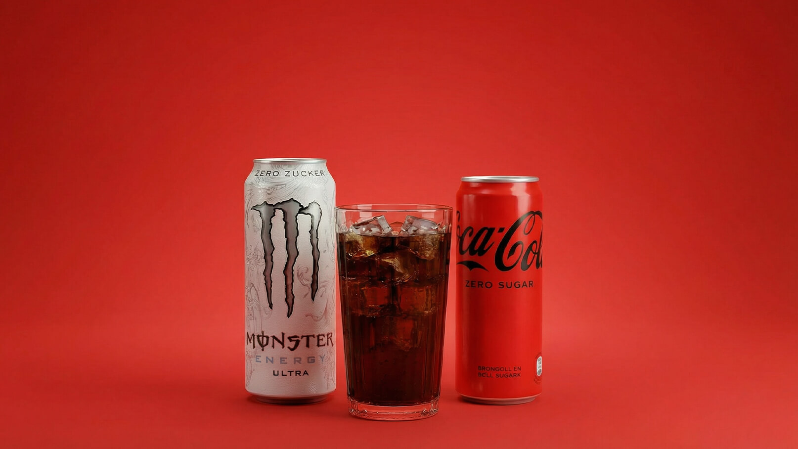 Das Bild zeigt eine weiße Monster Energy-Dose, ein Glas mit dunklem Getränk, das Eiswürfel enthält, und eine rote Coca-Cola-Dose. Der Hintergrund ist ein einfarbiger roter Farbton.