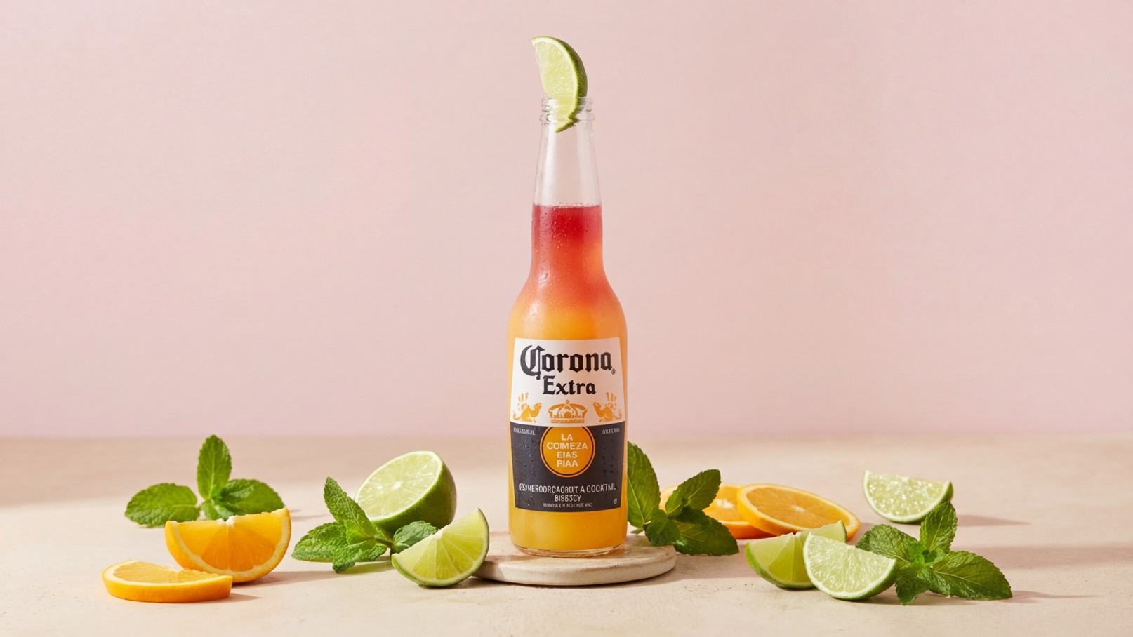Eine Flasche Corona Extra steht auf einem Holzuntersetzer. Sie ist mit frischen Früchten wie Limetten, Orangen und Minzblättern umgeben. Der Hintergrund ist hellrosa. Die Flasche hat eine orangefarbene Flüssigkeit und ist mit einem Limettenschnitz dekoriert.