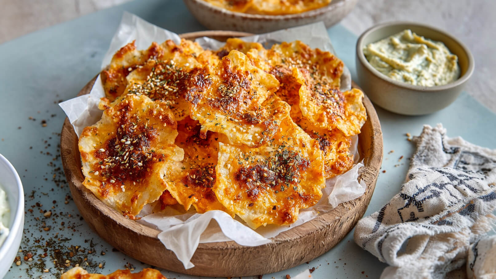 Ein Holztablett enthält knusprige, goldbraun gebratene Chips, bestreut mit Gewürzen. Daneben steht eine kleine Schüssel mit einer cremigen Dip-Sauce. Die Chips liegen auf Backpapier und sind von einer minimalistischen, hellen Umgebung umgeben.