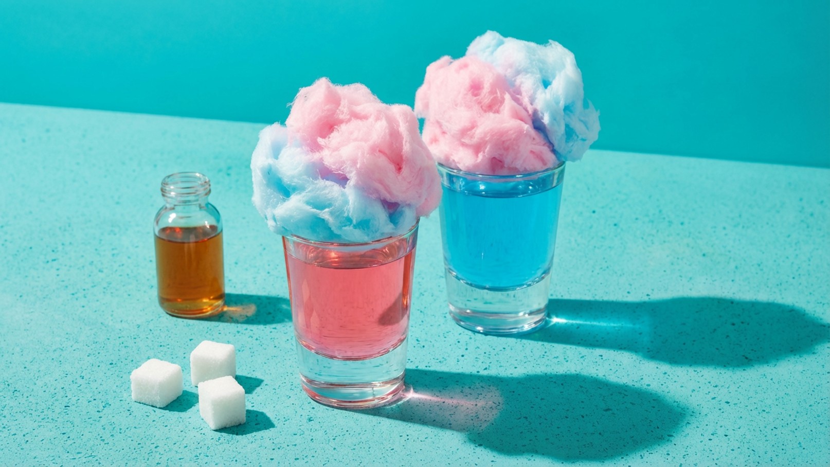 Zwei mit buntem Zuckerwatte-Belag gefüllte Gläser stehen auf einer türkisfarbenen Oberfläche. Das linke Glas enthält eine pinkfarbene Flüssigkeit, das rechte eine blaue. Neben den Gläsern steht eine kleine Flasche und einige Zuckerwürfel.