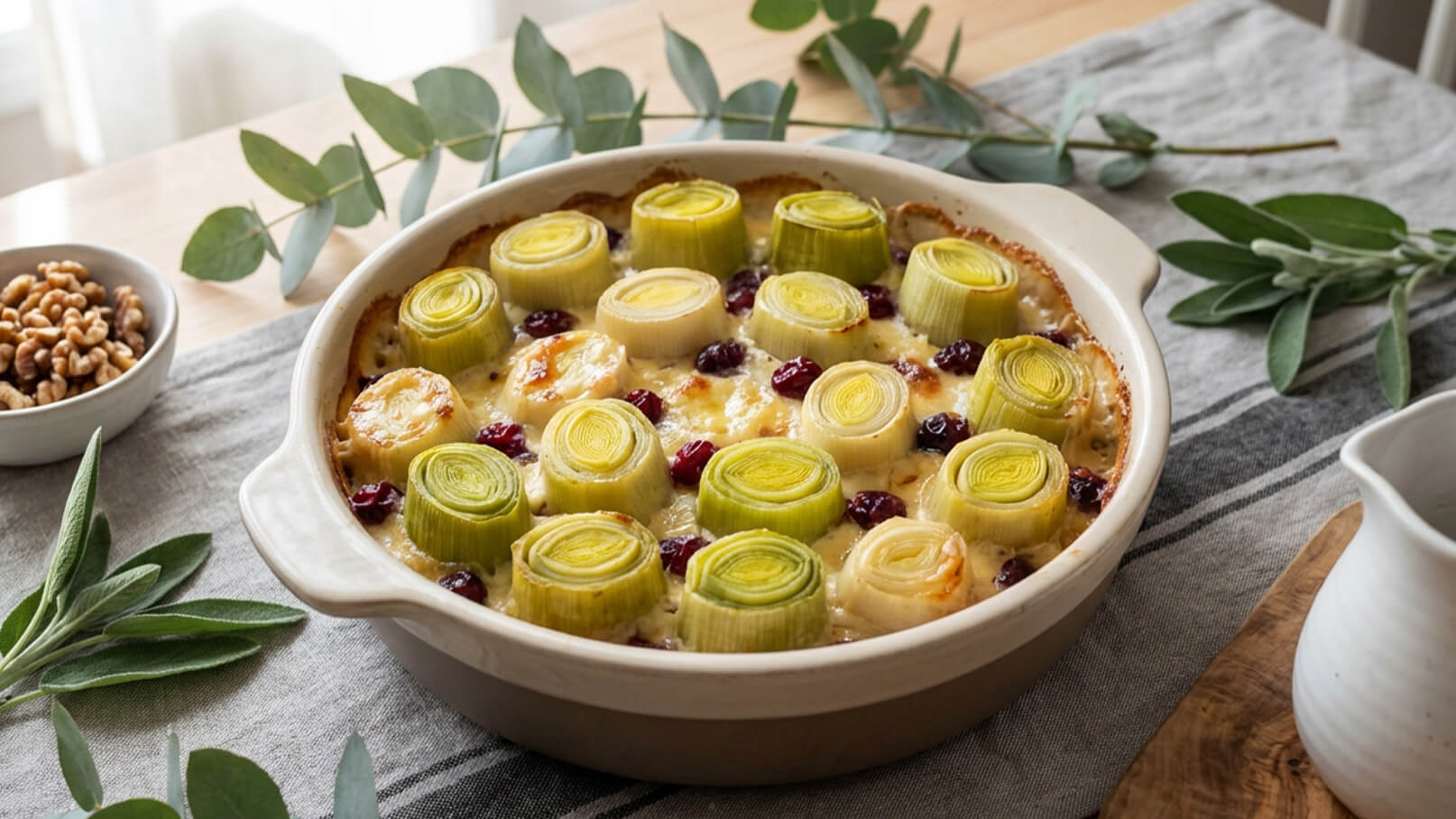 Ein keramisches Gericht ist mit Ringen aus Lauch und roten Beeren gefüllt, die über einer cremigen Schicht stehen. Der Auflauf hat eine goldbraune Oberfläche und wird auf einem dekorativen Tisch mit Tischdecke und Pflanzenzweigen serviert.