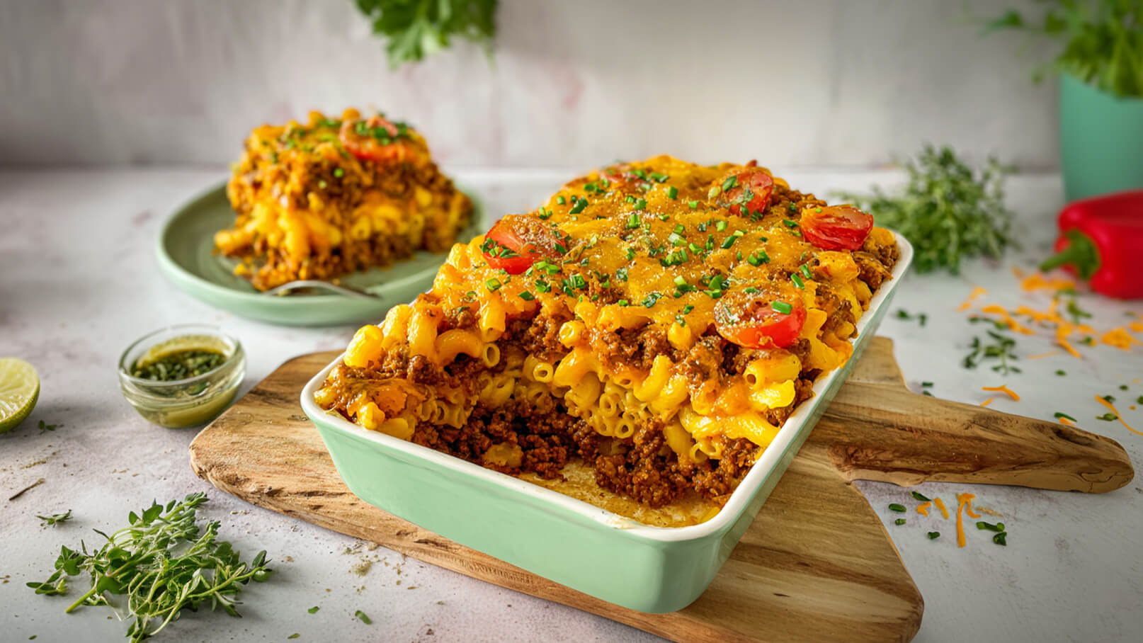 Ein grüner Auflauf mit Makkaroni, Hackfleisch und einer goldbraunen Käseschicht. Oben sind halbierte Kirschtomaten und frische Kräuter verteilt. Neben dem Auflauf befindet sich eine kleine Schüssel mit einer grünen Soße und ein Teller mit einer Portion des Gerichts.