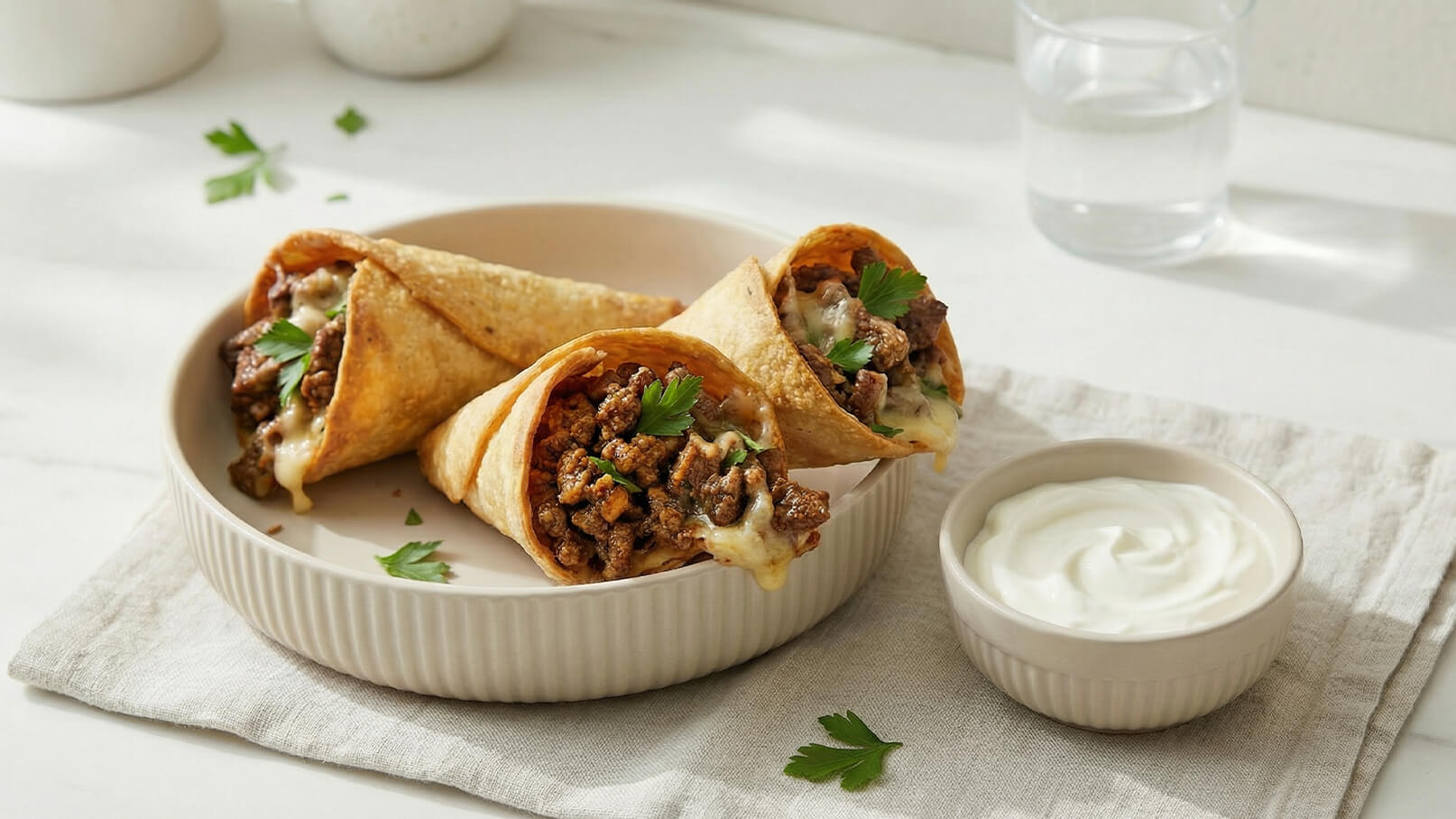 Auf dem Teller befinden sich drei gefüllte Tortillas mit einer herzhaften Fleischfüllung, garniert mit frischem Koriander. Neben dem Teller steht eine kleine Schüssel mit cremigem Dip. Der Hintergrund ist schlicht und hell.