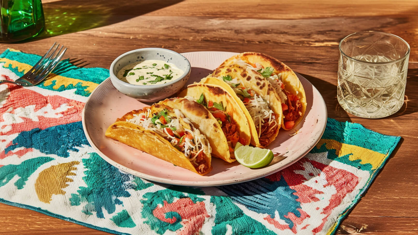 Auf einem Teller liegen drei gefüllte Tacos mit Käse, Salat und Tomaten. Daneben befindet sich eine kleine Schale mit einer weißen Sauce und frischen Kräutern sowie ein Limettenstück. Der Hintergrund zeigt ein farbenfrohes Tuch und einen Glaskrug.