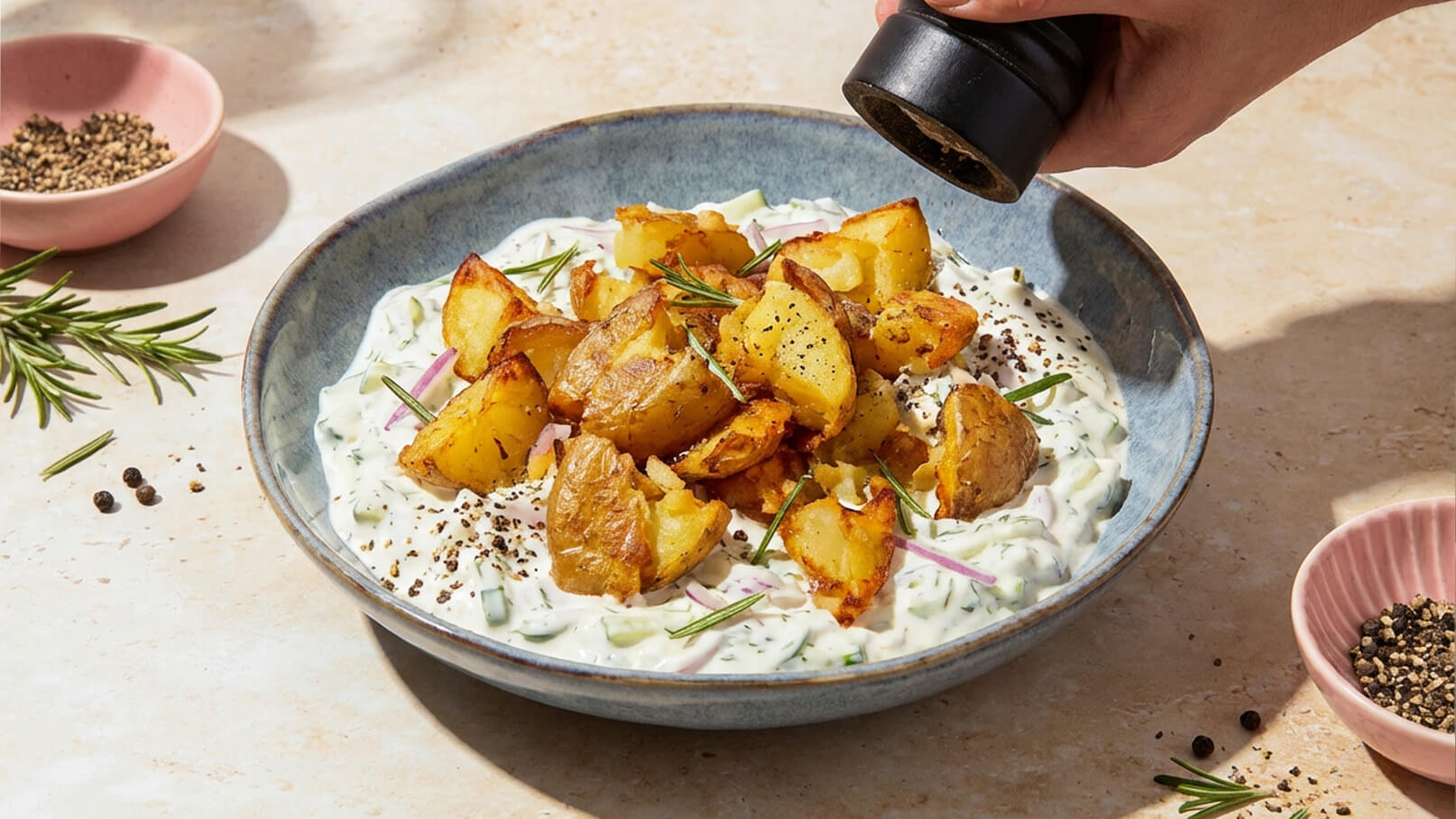Ein blaues Schüssel mit knusprigen, goldbraunen Bratkartoffeln auf einem Bett von frischem Quark-Dip, garniert mit Schnittlauch und roten Zwiebelringen. Über dem Gericht wird gerade frischer schwarzer Pfeffer zermahlen.