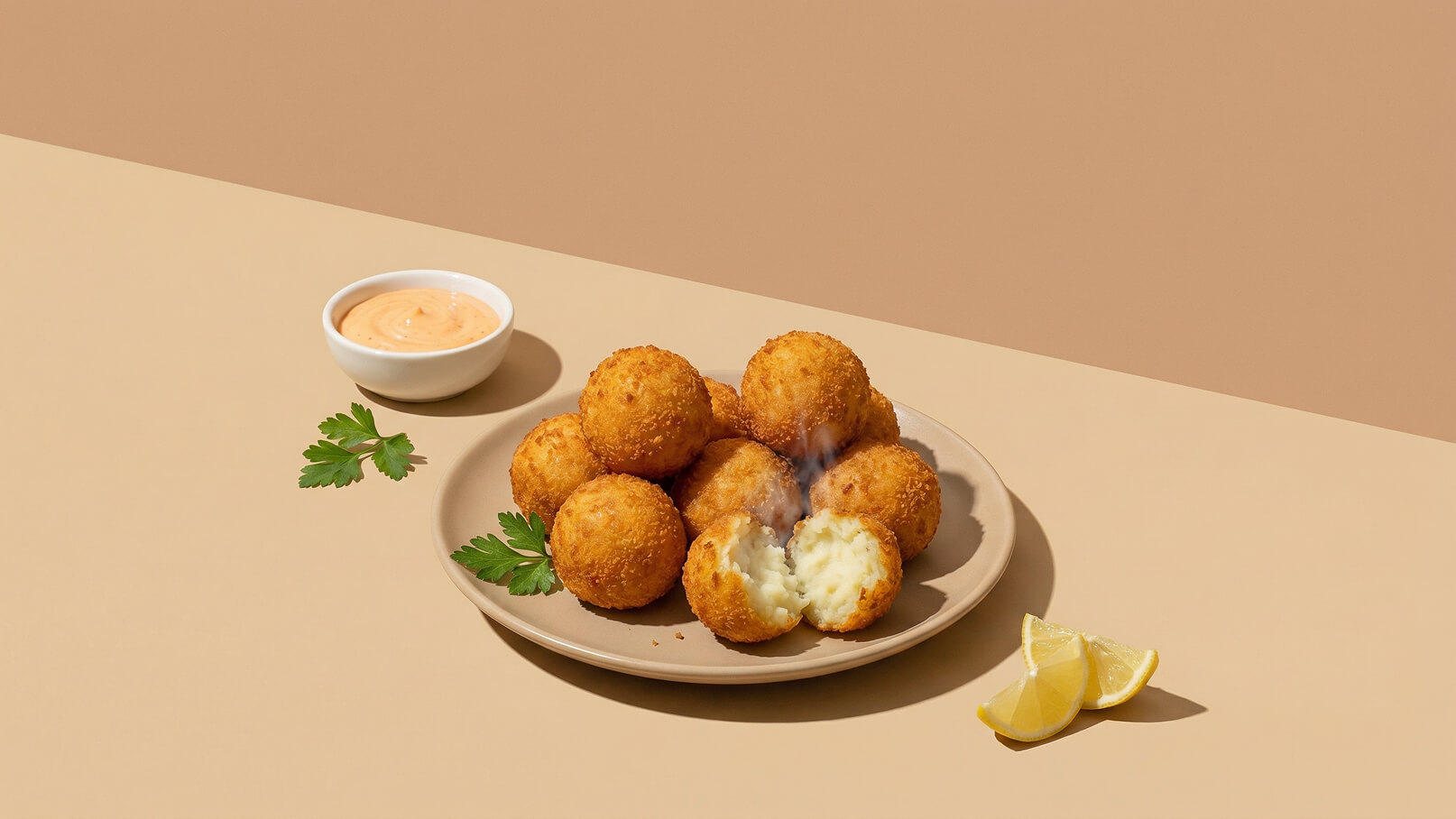 Ein Teller mit knusprigen, goldbraunen Kartoffelbällchen, von denen einige aufgebrochen sind und dampfen. Daneben befindet sich eine kleine Schüssel mit einer Sauce und ein paar frische Petersilienblätter sowie einige Zitronenscheiben.