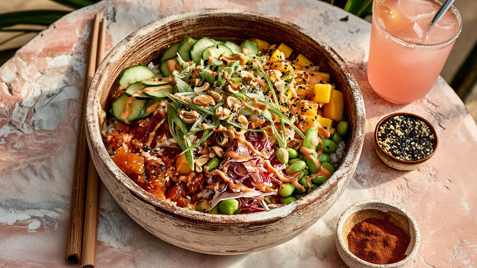Eine Schale mit buntem Essen, gefüllt mit Reis, Gemüse, Mango, Gurken, und Nüssen. Obenauf sind gehackte Frühlingszwiebeln und eine cremige Sauce. Daneben steht ein Glas mit einem rosa Getränk und zwei kleine Schalen mit Gewürzen.