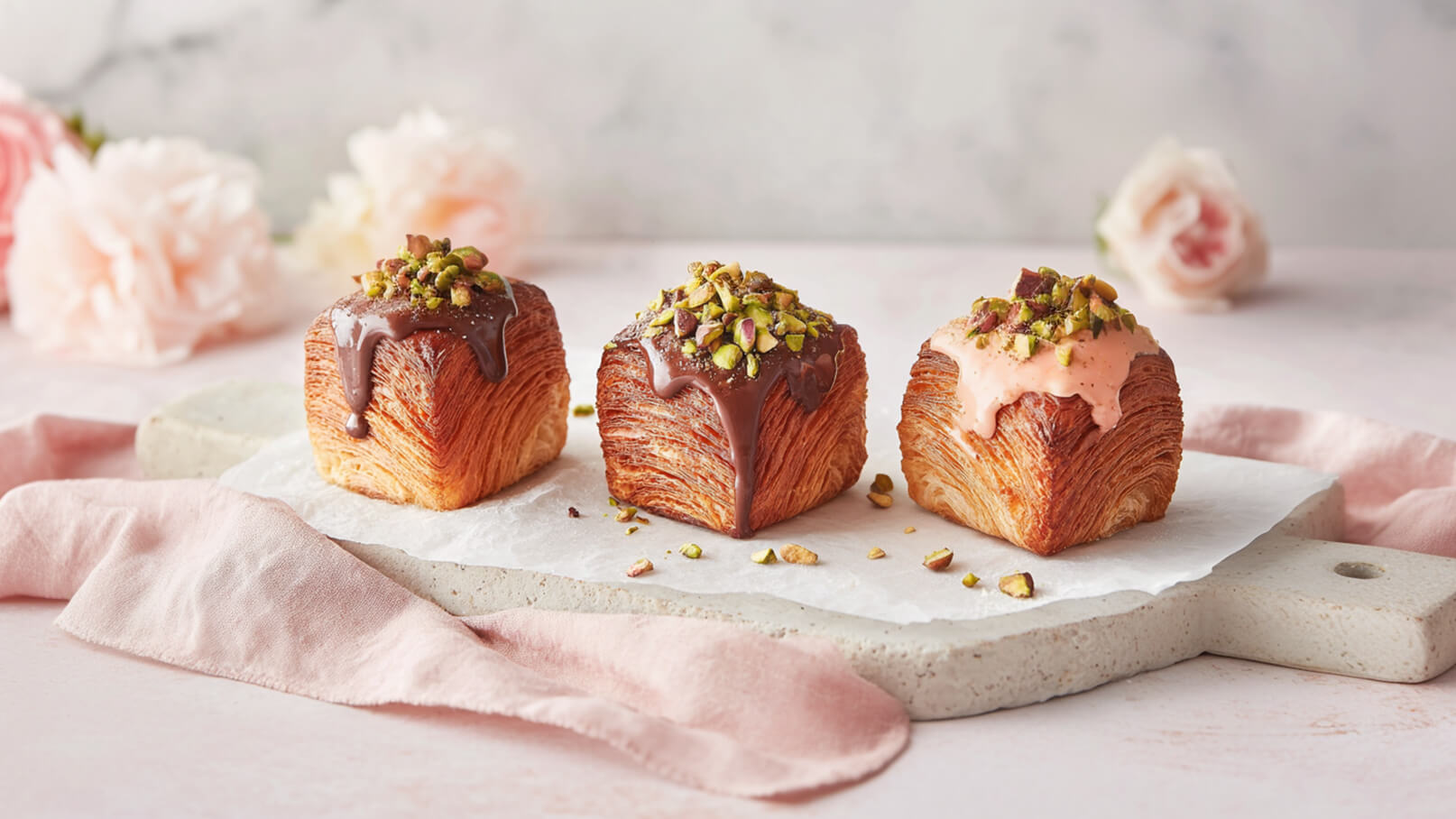 Drei quadratische, gebackene Köstlichkeiten auf einer Platte. Die linke hat einen Schokoladenguss und gehackte Pistazien, die mittlere ist mit Schokolade und Pistazien dekoriert, und die rechte ist mit einer rosa Glasur und ebenfalls Pistazien bestreut.