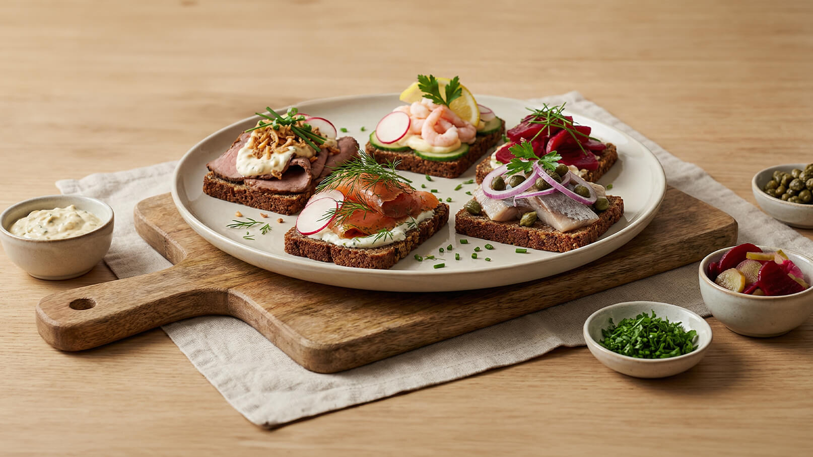 Eine runde Platte mit verschiedenen belegten Broten, darunter Lachs, Garnelen und Schinken, garniert mit frischen Kräutern und Radieschen. Daneben kleine Schalen mit Saucen und Gewürzen. Alles auf einem Holzbrett präsentiert, vor einem hellen Hintergrund.