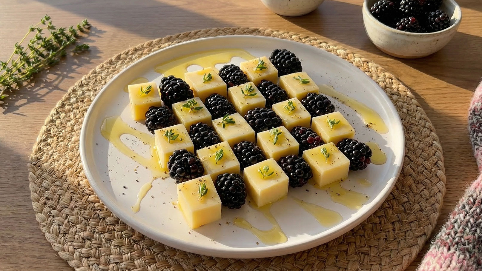 Ein Teller mit einer Anordnung aus Käsewürfeln und frischen Brombeeren. Die Käsewürfel sind in einem Schachbrettmuster angeordnet und mit Kräutern garniert. Darauf liegt ein Spritzer Honig. Im Hintergrund sind kleine Schalen mit weiteren Brombeeren zu sehen.