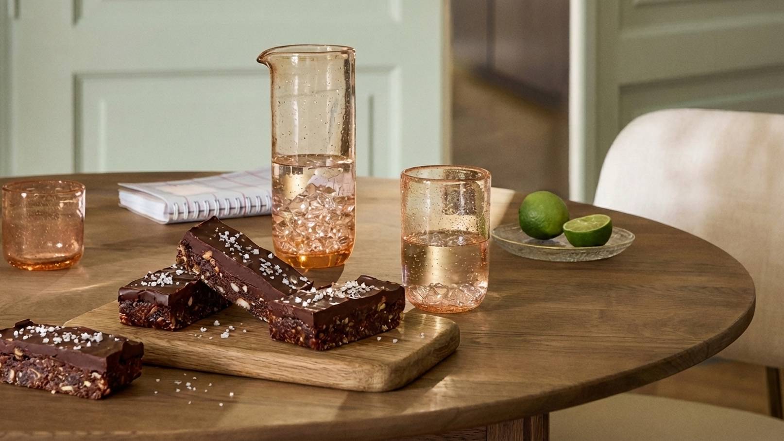 Auf einem Holztisch liegen mehrere Schokoladenriegel auf einem Holzbrett, die mit Salz bestreut sind. Daneben stehen zwei Gläser mit Wasser und ein weiterer Behälter. Im Hintergrund sind ein Notizblock und einige Limetten sichtbar.