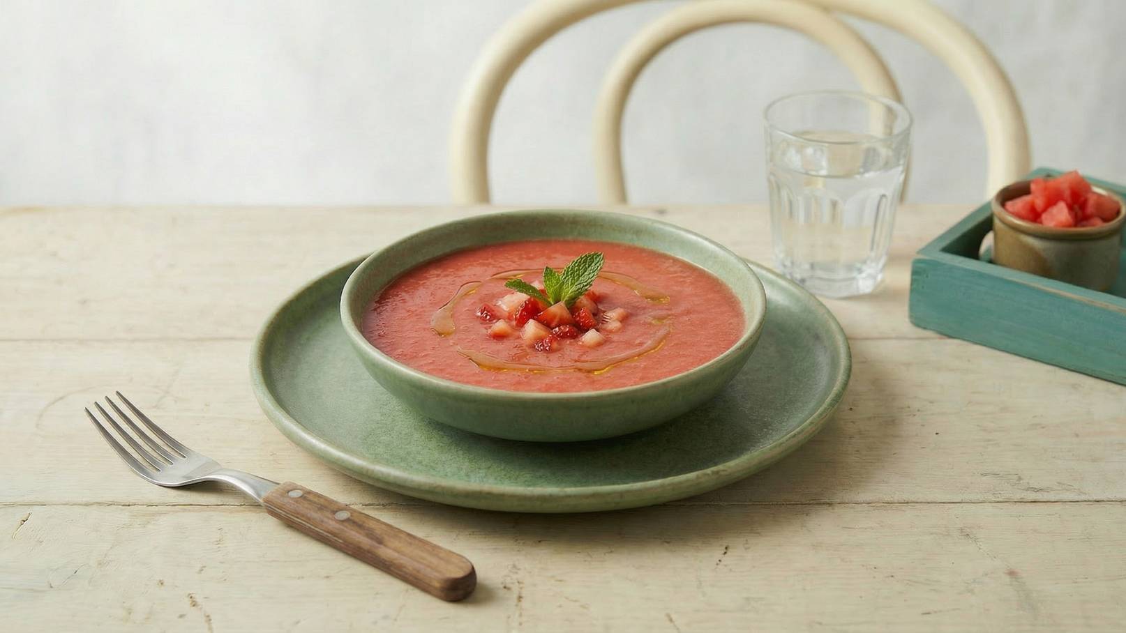 Eine Schüssel mit Tomatensuppe, garniert mit frischen Tomatenstücken und einem Minzblatt, steht auf einem grünen Teller. Daneben liegt eine Gabel aus Edelstahl mit Holzgriff. Im Hintergrund ist ein Glas Wasser und ein Behälter mit zusätzlichen Tomaten zu sehen.