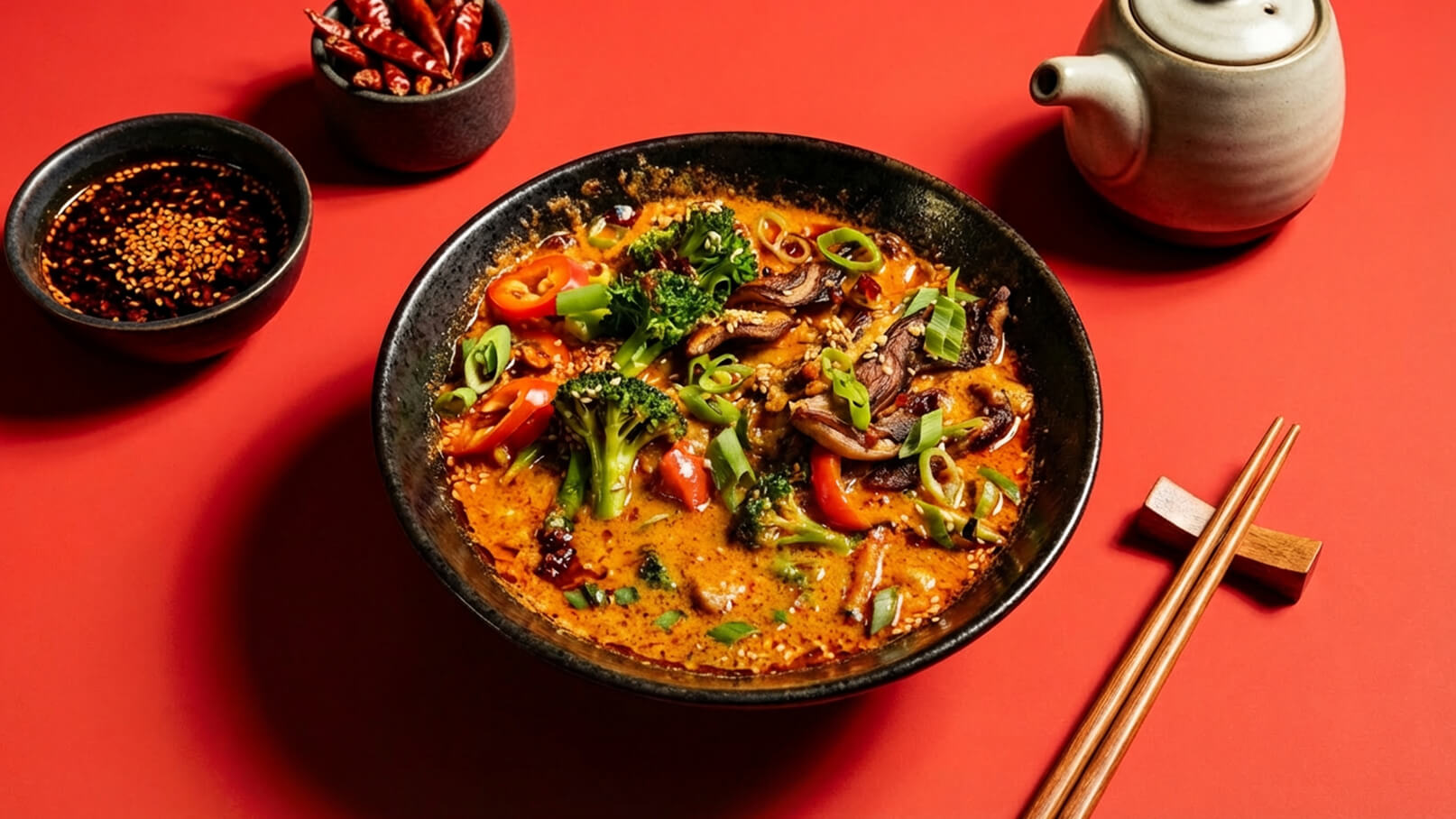 Ein schwarzer Schüssel voller würziger Suppe mit Gemüse wie Brokkoli und roter Paprika. Darüber sind Frühlingszwiebeln und Sesam gestreut. Im Hintergrund befinden sich eine Schale mit Saucen und ein Teekännchen. Die Szene ist auf einem roten Tisch angerichtet.