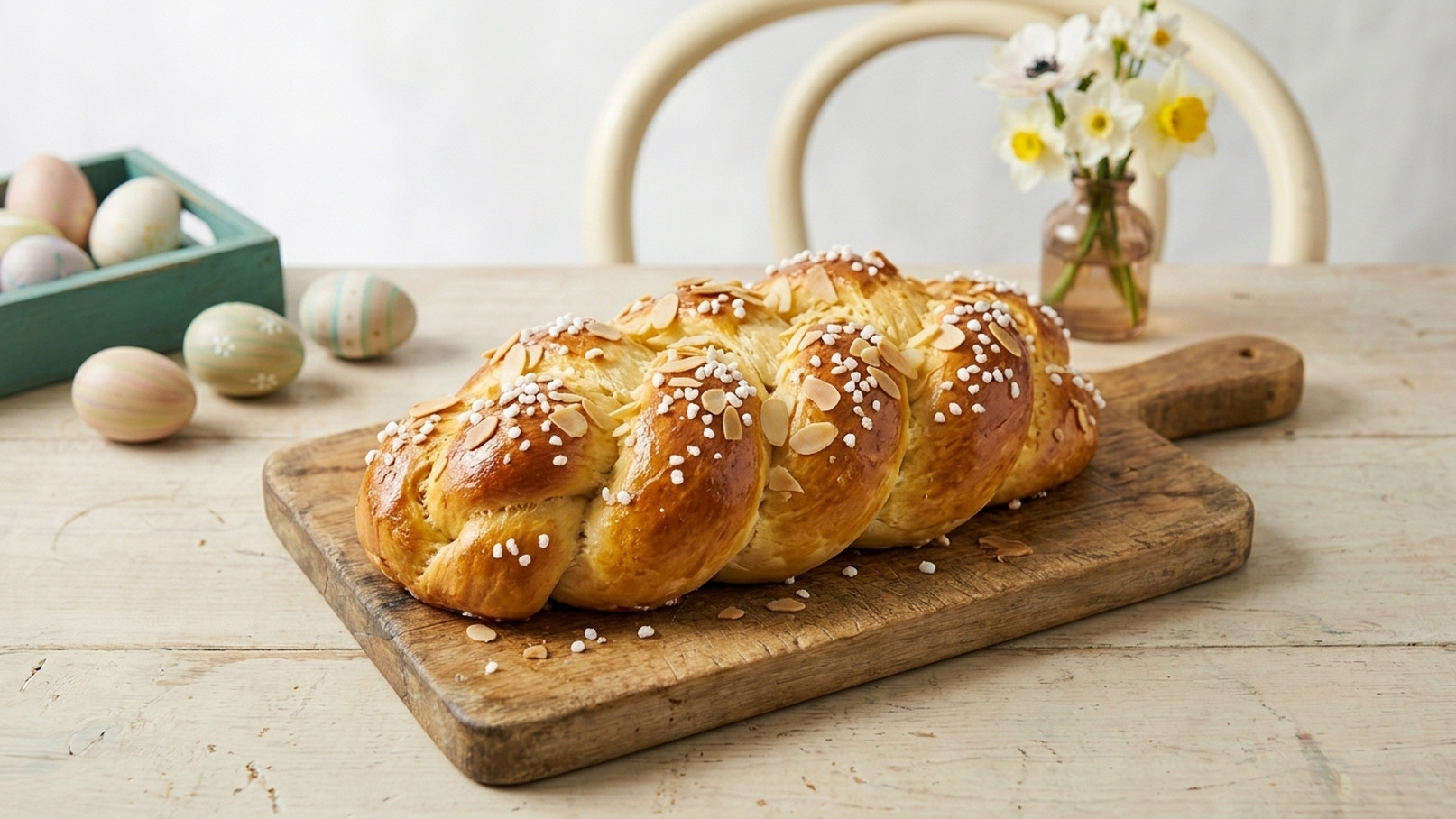 Auf einem Holzbrett liegt ein goldbrauner, geflochtener Brotlaib, bestreut mit Mandelscheiben und Perlenzucker. Im Hintergrund sind bunte Ostereier und ein kleiner Blumenstrauß in einer Vase zu sehen.