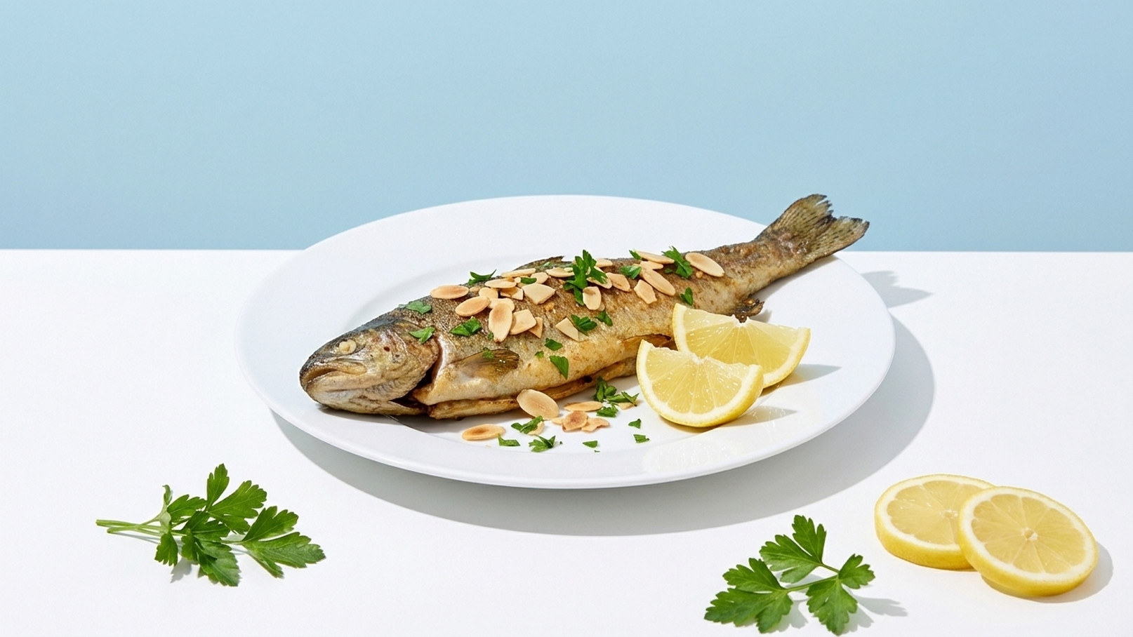 Ein gebratener Fisch auf einem weißen Teller, garniert mit Mandelblättchen, frischer Petersilie und Zitronenscheiben. Der Hintergrund ist ein sanftes Blau.