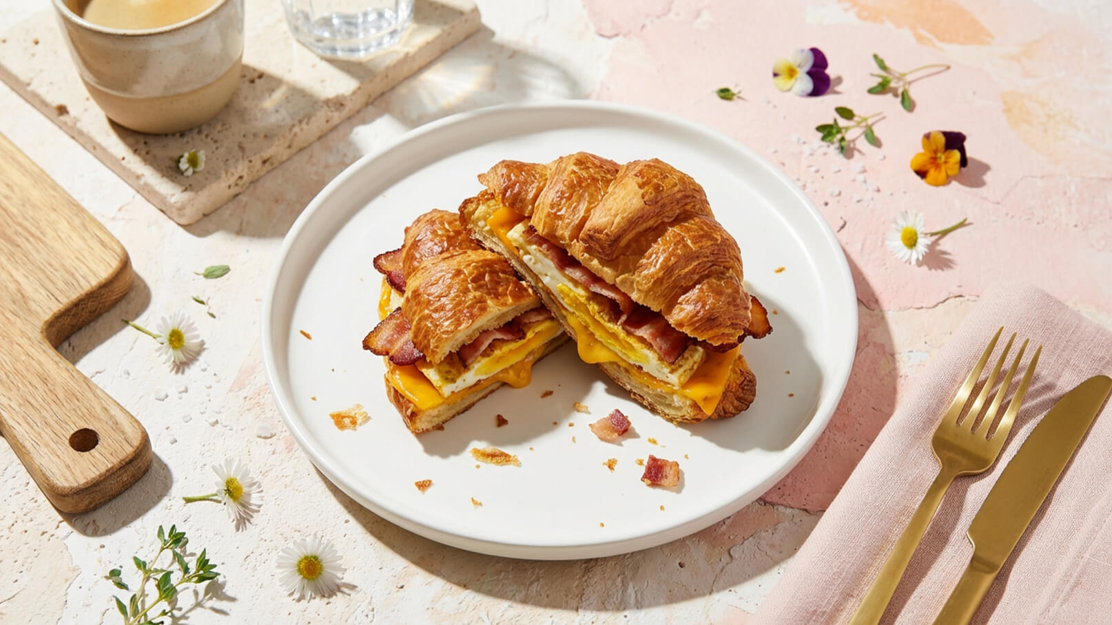 Ein Teller mit einem halbierten Croissant, gefüllt mit rührei und Speckscheiben. Das Croissant ist goldbraun und knusprig. Daneben eine Tasse Kaffee und ein Glas Wasser. Der Hintergrund ist farblich und mit kleinen Blumenakzenten gestaltet.