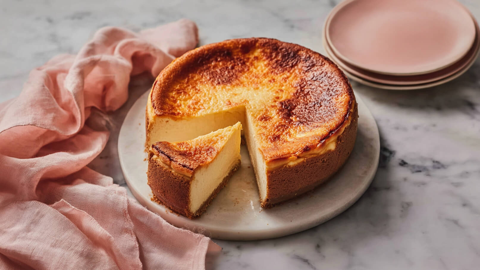 Ein cremiger Käsekuchen mit goldbrauner Kruste steht auf einem weißen Teller. Ein Stück wurde herausgeschnitten und auf dem Teller belassen. Im Hintergrund liegt ein weiches, rosafarbenes Tuch.