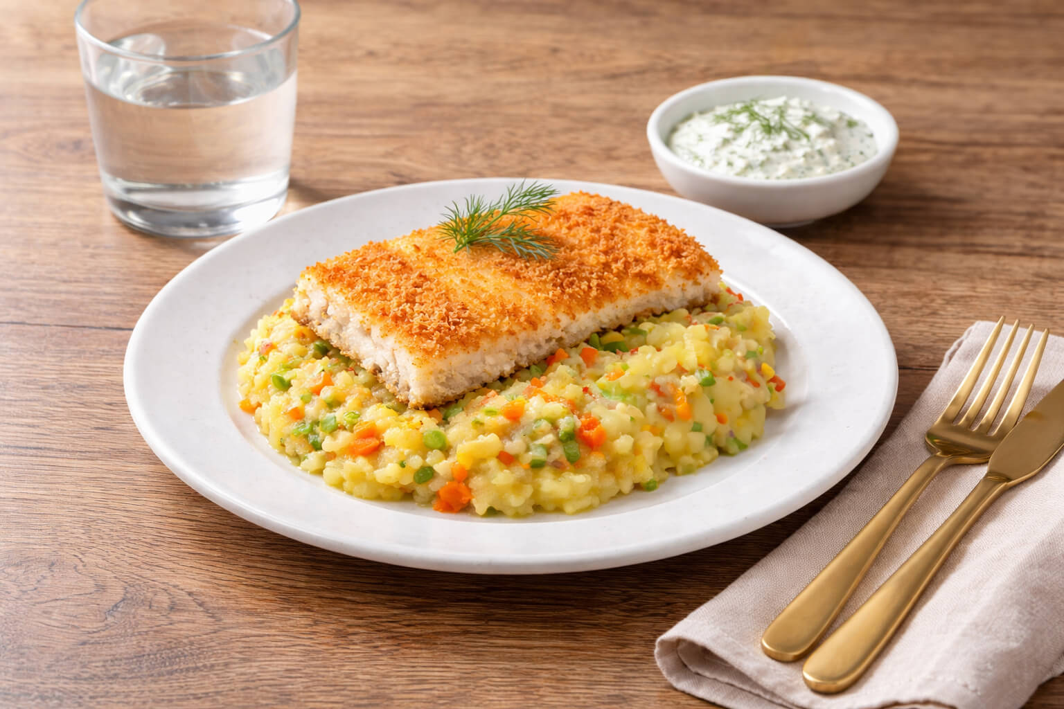 Ein Teller mit knusprigem Fischfilet auf einem bunten Gemüse-Risotto. Daneben ein kleiner Schälchen mit einer milden Joghurtsoße und ein Glas Wasser. Der Tisch hat eine helle Holzoberfläche.