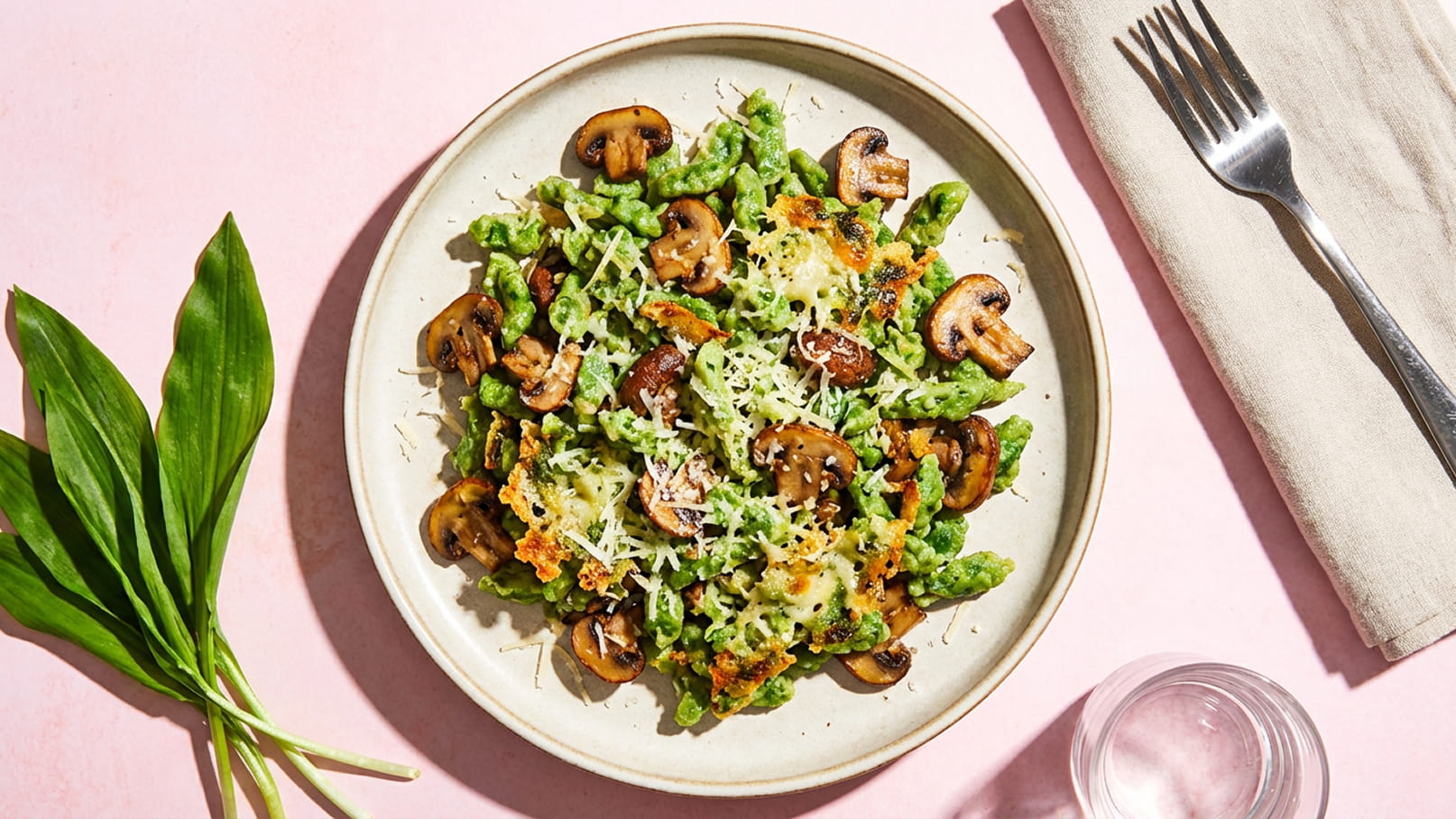 Ein Teller mit einem bunten Salat aus grünem Gemüse und gebratenen Champignons, bestreut mit Käse. Der Salat liegt auf einem hellen, runden Teller, umgeben von einer Gabel und einem Wasserglas, auf einer rosa Tischoberfläche.