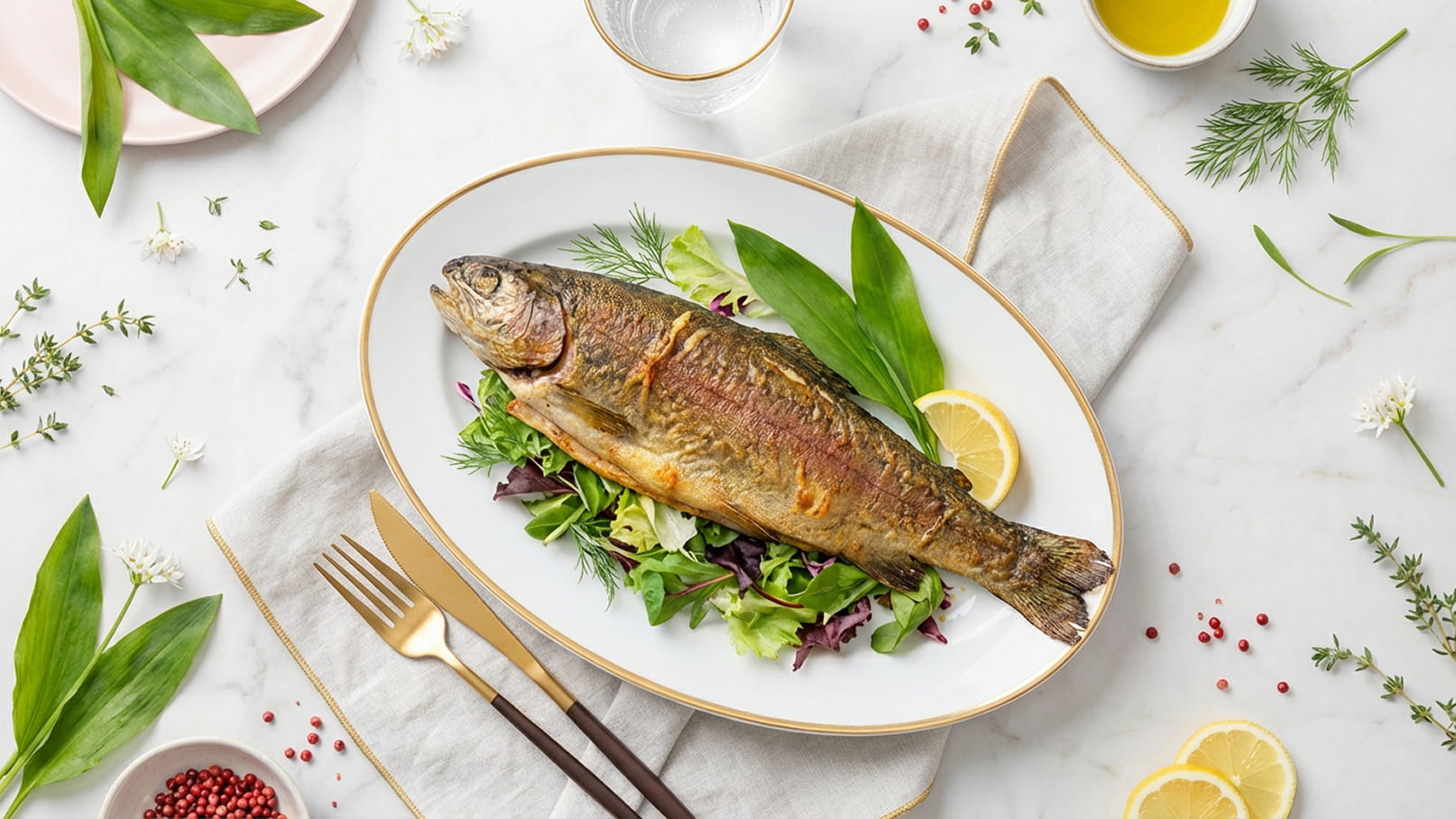 Ein gebratener Fisch liegt auf einem weißen Teller, umgeben von frisch angerichtetem Salat. Neben dem Teller sind Gabel und Messer aus Edelstahl platziert. Einige Kräuter und Zitronenscheiben dekorieren das Arrangement.