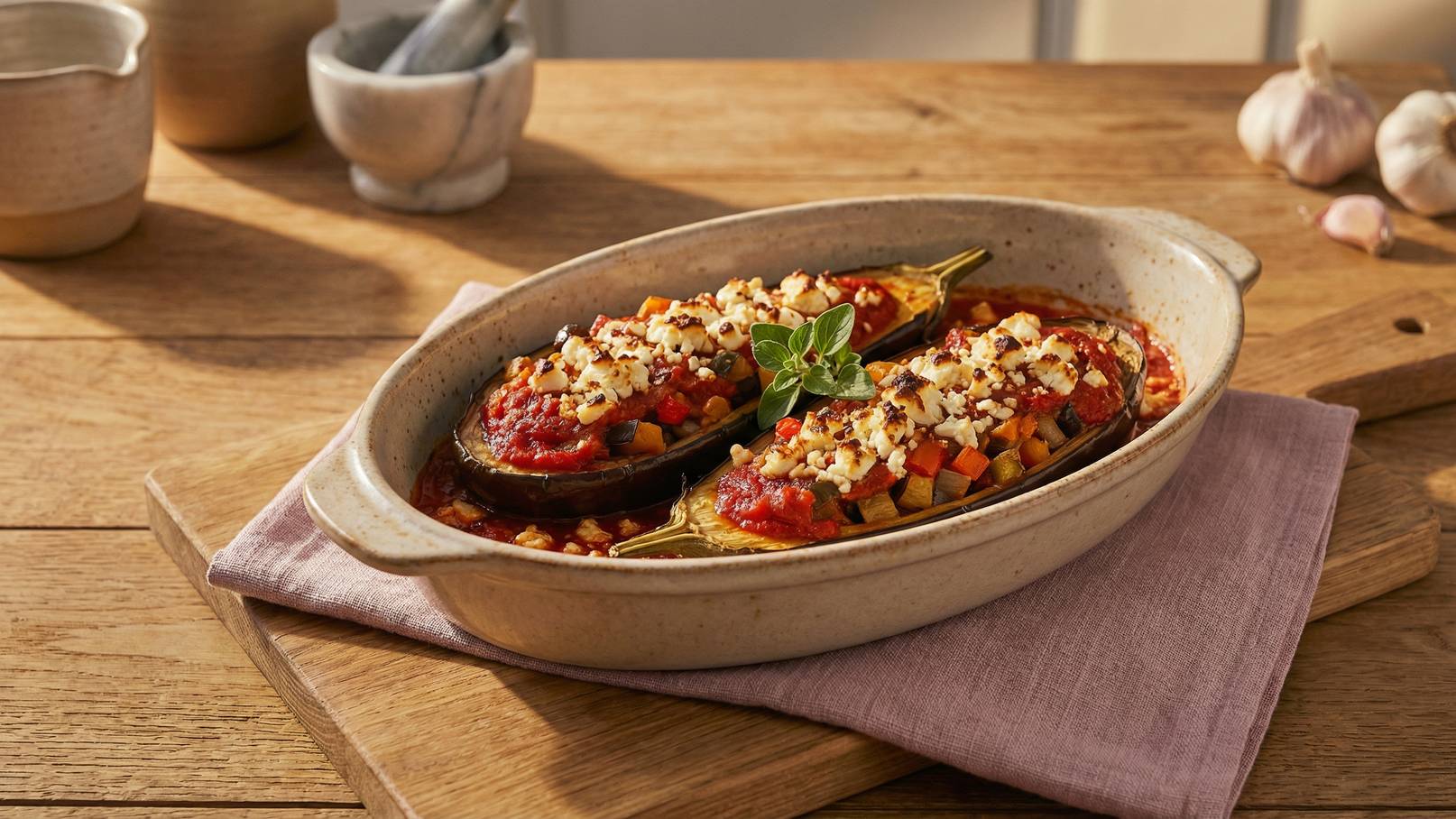 Ein Auflauf mit gefüllten Auberginen liegt auf einem Holzbrett. Die Auberginen sind mit einer Mischung aus Gemüse, Tomatensauce und knusprigen Bröseln belegt. Ein frisches Blatt Oregano dekoriert das Gericht. Im Hintergrund sind Küchengeräte zu sehen.
