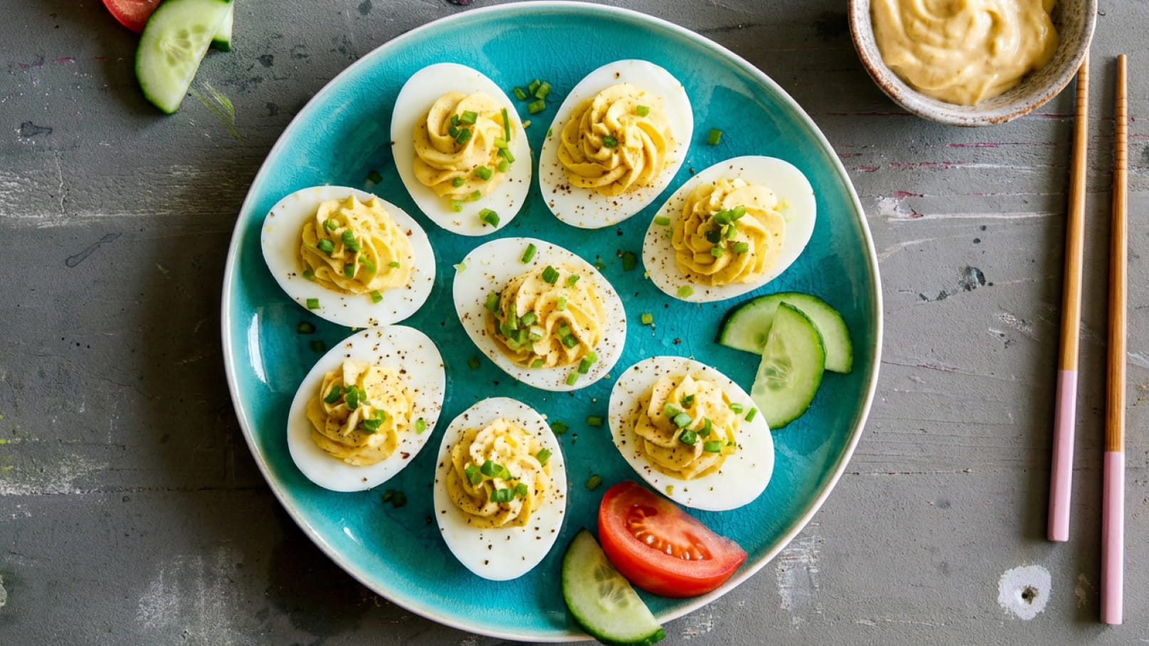 Ein hellblauer Teller mit neun gefüllten Eiern, dekoriert mit gehacktem Schnittlauch. Neben den Eiern befinden sich einige Scheiben Gurke und Tomate. Ein kleines Schälchen mit einer Creme oder Sauce liegt ebenfalls auf dem Tisch.