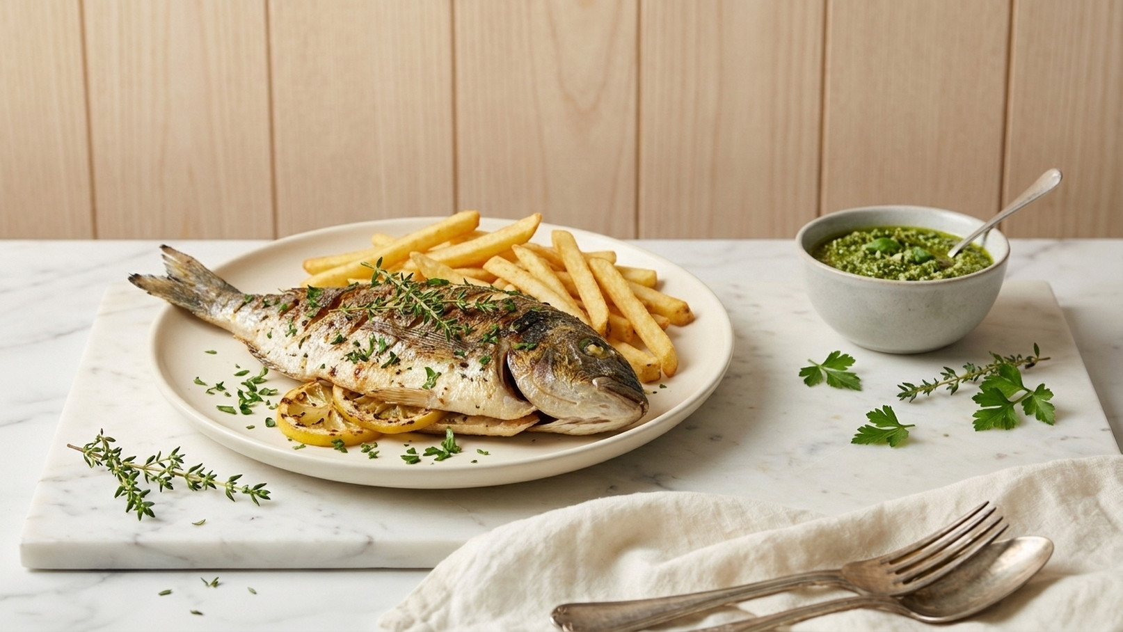 Ein gegrillter Fisch liegt auf einem weißen Teller, umgeben von knusprigen Pommes frites. Daneben befindet sich eine Schale mit grüner Sauce und frischen Kräutern. Der Hintergrund ist hell und schlicht, was das Gericht in den Mittelpunkt stellt.
