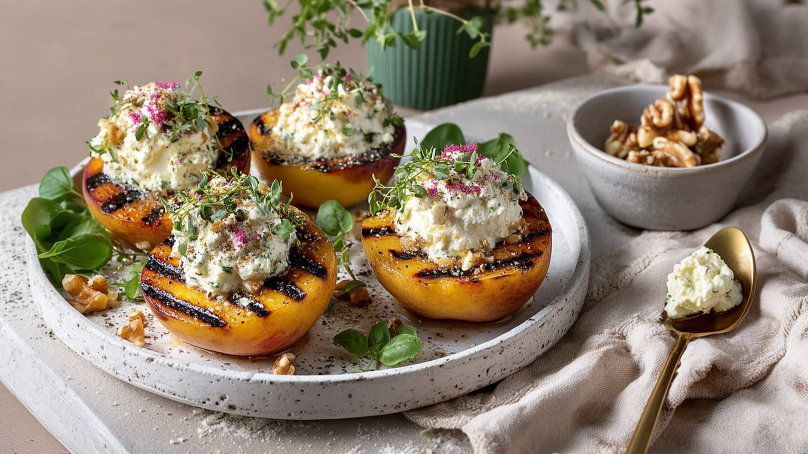Gegrillte Pfirsiche auf einem Teller, gefüllt mit einer cremigen Mischung aus Quark und Kräutern. Bestreut mit bunten Gewürzen und garniert mit frischen Kräutern. Nebenbei eine Schale mit Walnüssen und ein goldener Löffel mit etwas Quark.
