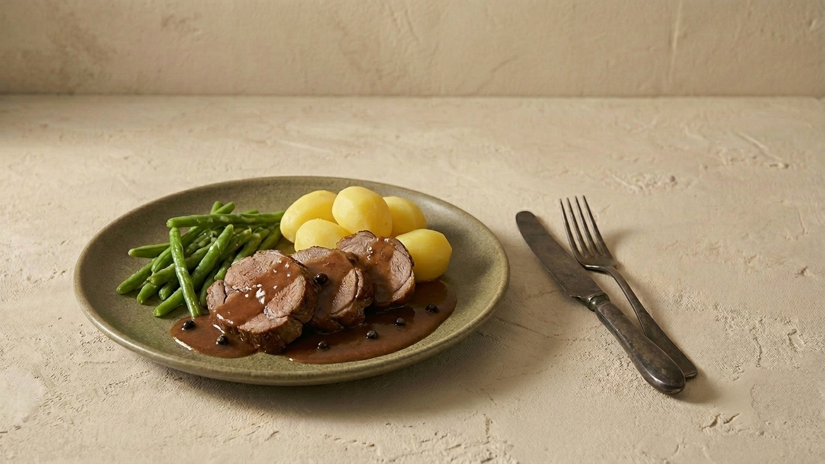 Ein Teller mit zartem Fleisch, garniert mit brauner Sauce, liegt neben grünen Bohnen und Kartoffeln. Die Präsentation ist auf einem neutralen Untergrund, was die Farben der Speisen hervorhebt. Rechts sind ein Messer und eine Gabel angeordnet.