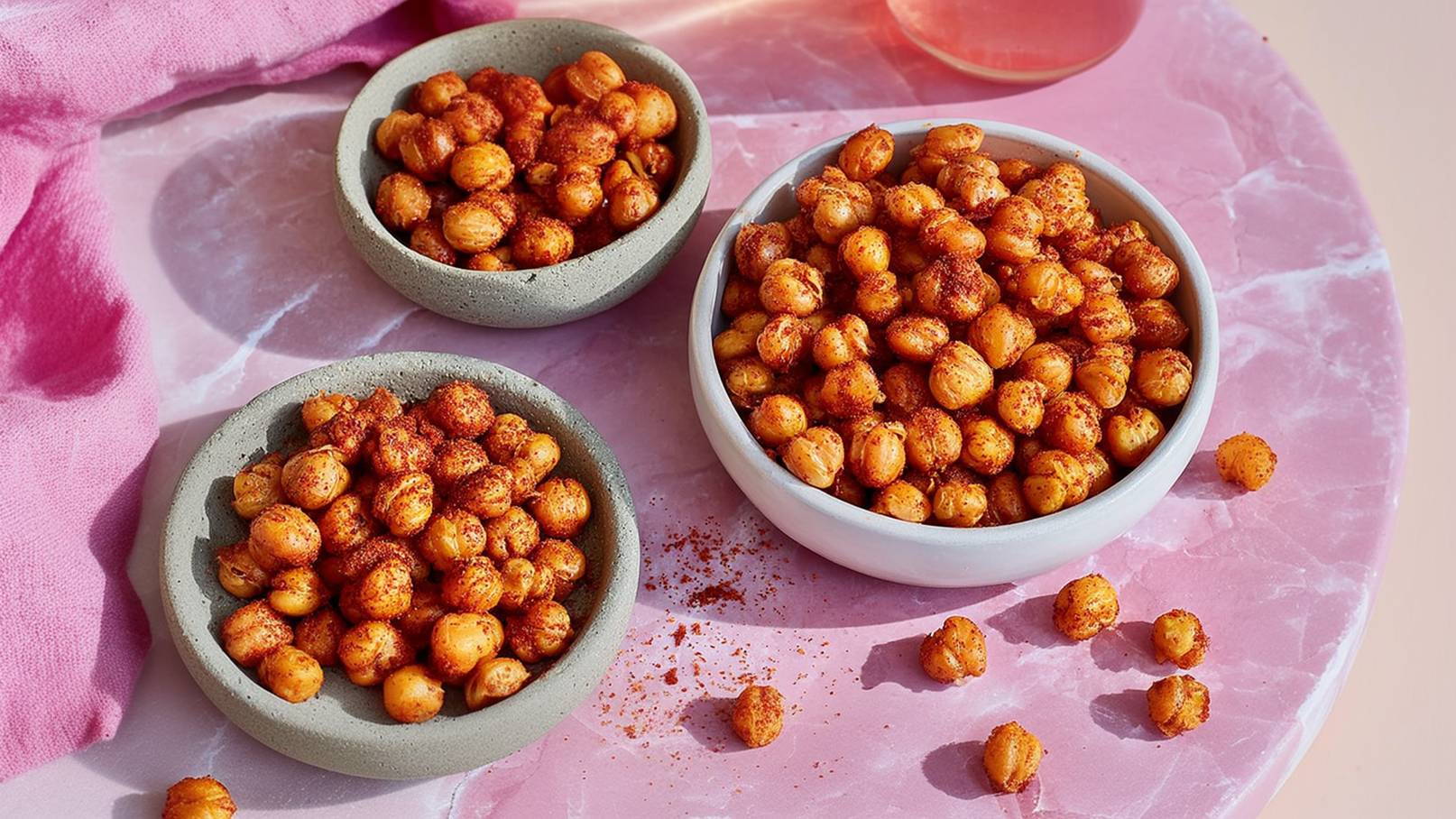 Drei Schalen mit gerösteten Kichererbsen, gewürzt mit Paprika, auf einer rosa Marmoroberfläche. Die Kichererbsen sind knusprig und goldbraun. Einige Kichererbsen liegen verstreut auf dem Tisch. Ein frischer, lebendiger Snack.