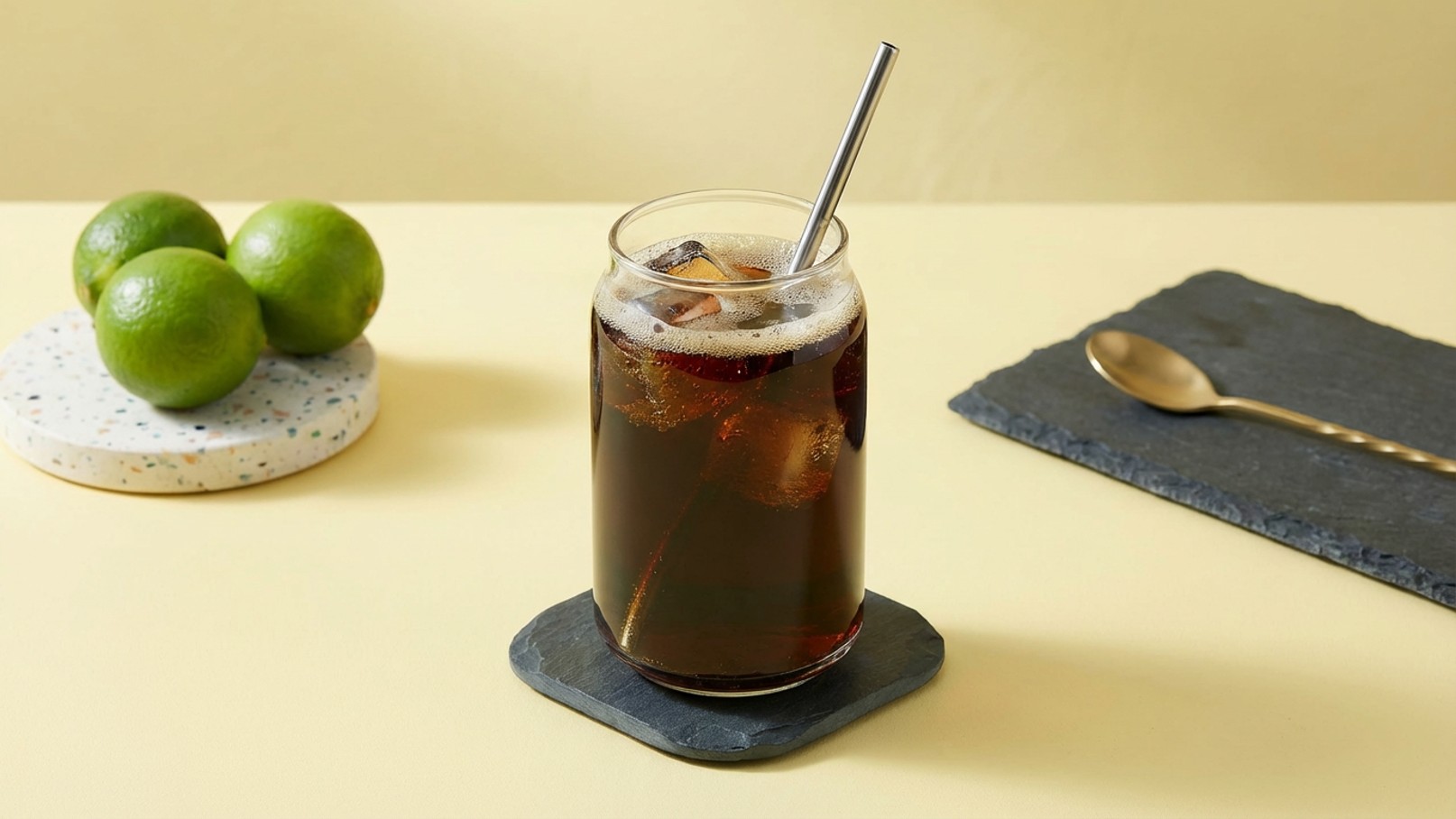Ein Glas mit kohlensäurehaltigem Getränk und Eiswürfeln steht auf einem schwarzen Untersetzer. Im Hintergrund sind drei grüne Limetten sichtbar. Die Szene ist auf einem hellen, einfarbigen Tisch angeordnet.