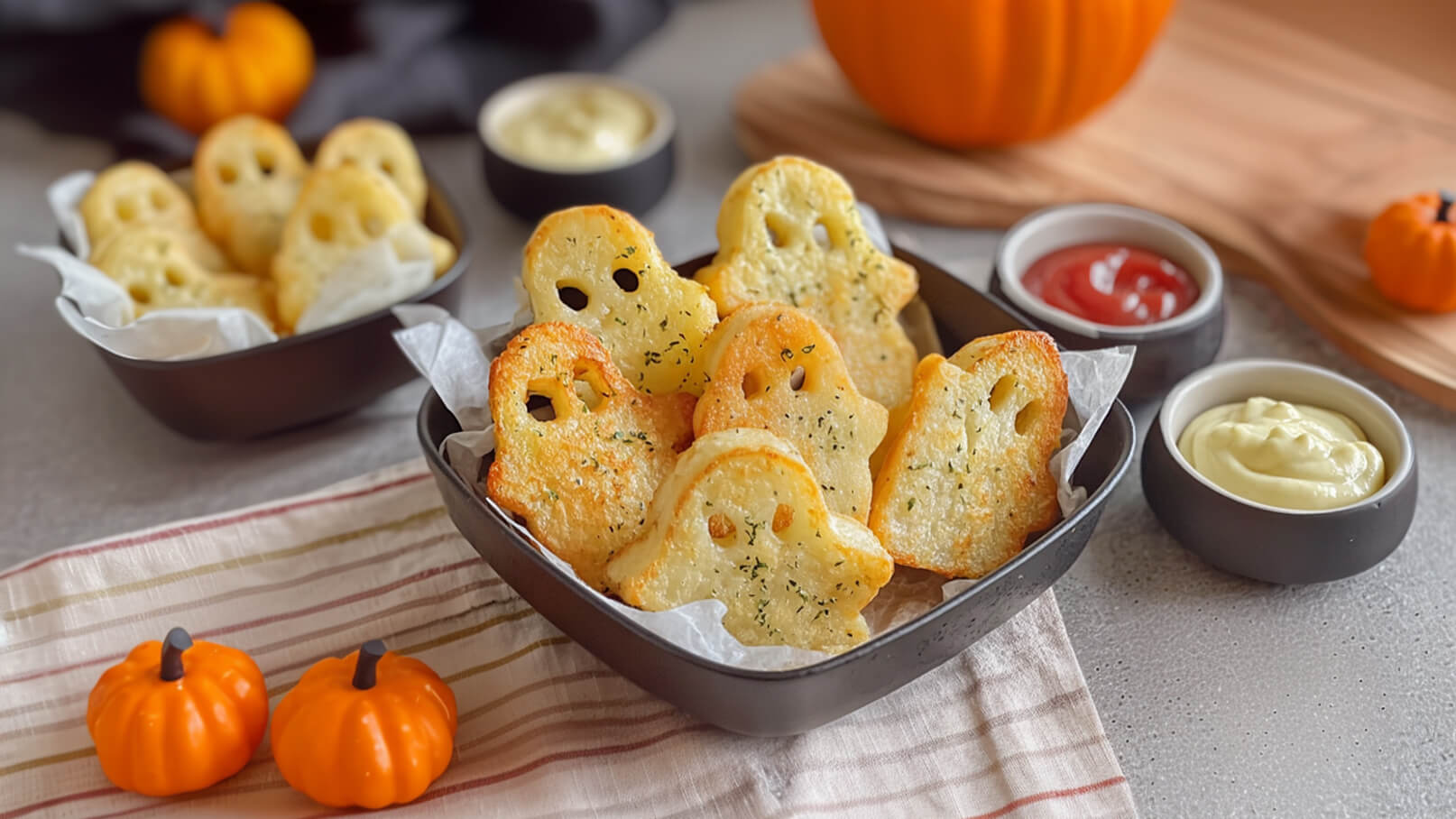 Eine schwarze Schüssel mit knusprigen, geisterförmigen Snacks aus Teig, die goldbraun gebacken sind. Dazu gibt es zwei kleine Schalen mit Ketchup und einer cremigen Sauce. Im Hintergrund sind kleine Kürbisse und ein weiterer Teller mit mehr Snacks zu sehen.