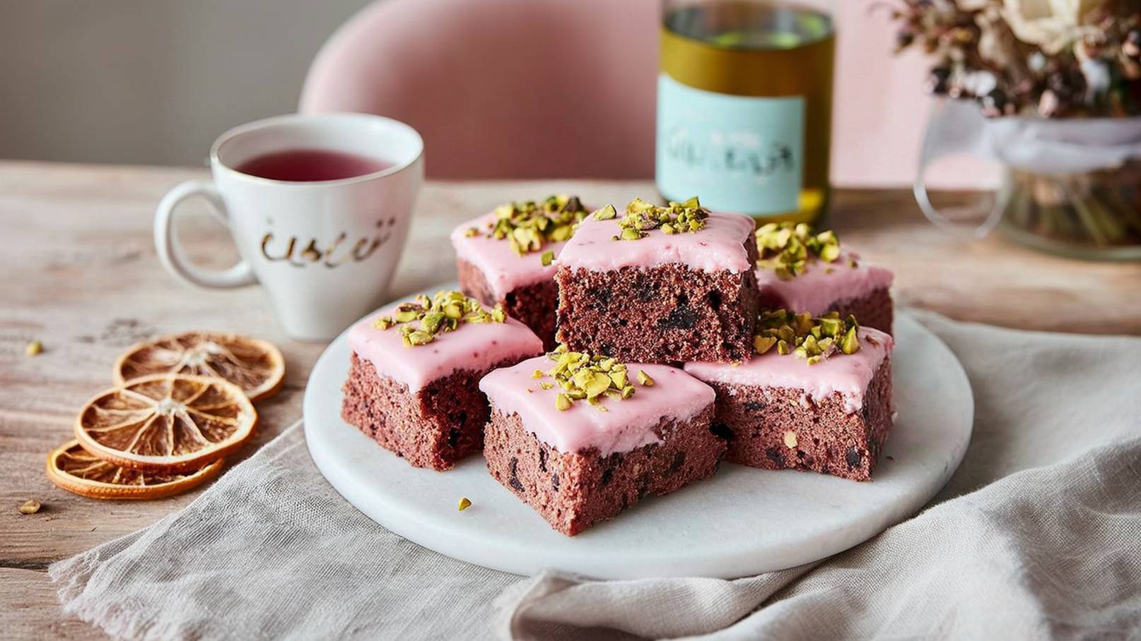 Auf einem Teller liegen mehrere quadratische Kuchenschnitten mit pinker Glasur und gehackten Pistazien. Neben dem Kuchen steht eine Tasse Tee und es liegen getrocknete Orangenscheiben auf dem Tisch. Der Hintergrund ist in sanften Farben gehalten.