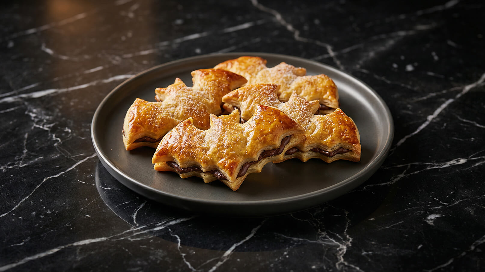 Auf einem dunklen Teller liegen mehrere gebackene Leckereien in Form von Blättern. Die Gebäckstücke sind goldbraun und leicht glasiert, einige sind mit Puderzucker bestäubt. Sie wirken appetitlich und dekorativ.