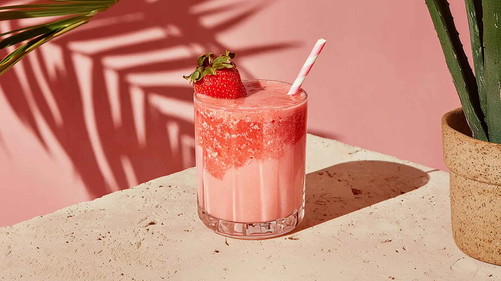 Ein rosa-fruchtiger Smoothie in einem klaren Glas, dekoriert mit einer Erdbeere obenauf. Der Drink hat eine schaumige Oberfläche und einen gestreiften Strohhalm. Der Hintergrund ist in sanften Rosa-Tönen gehalten, und das Glas steht auf einer hellen, strukturierten Fläche.