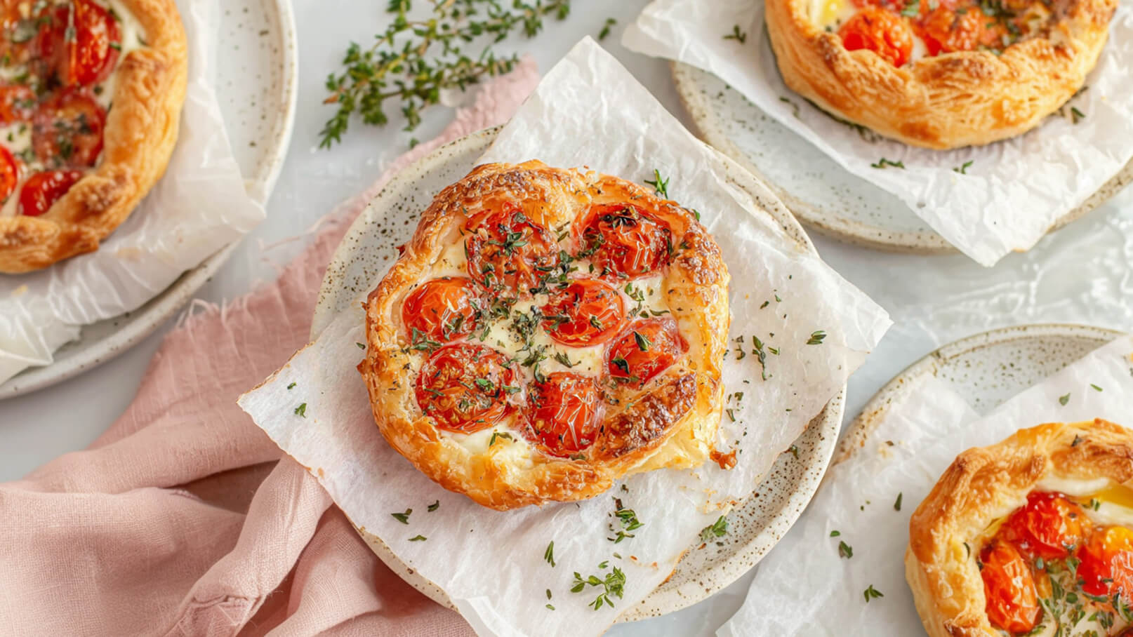 Köstliche Blätterteig-Törtchen mit frisch gebackenen Kirschtomaten und Kräutern auf einem Teller. Die goldene, knusprige Kruste umschließt eine cremige Füllung. Im Hintergrund sind weitere Törtchen sichtbar, die appetitlich angerichtet sind.