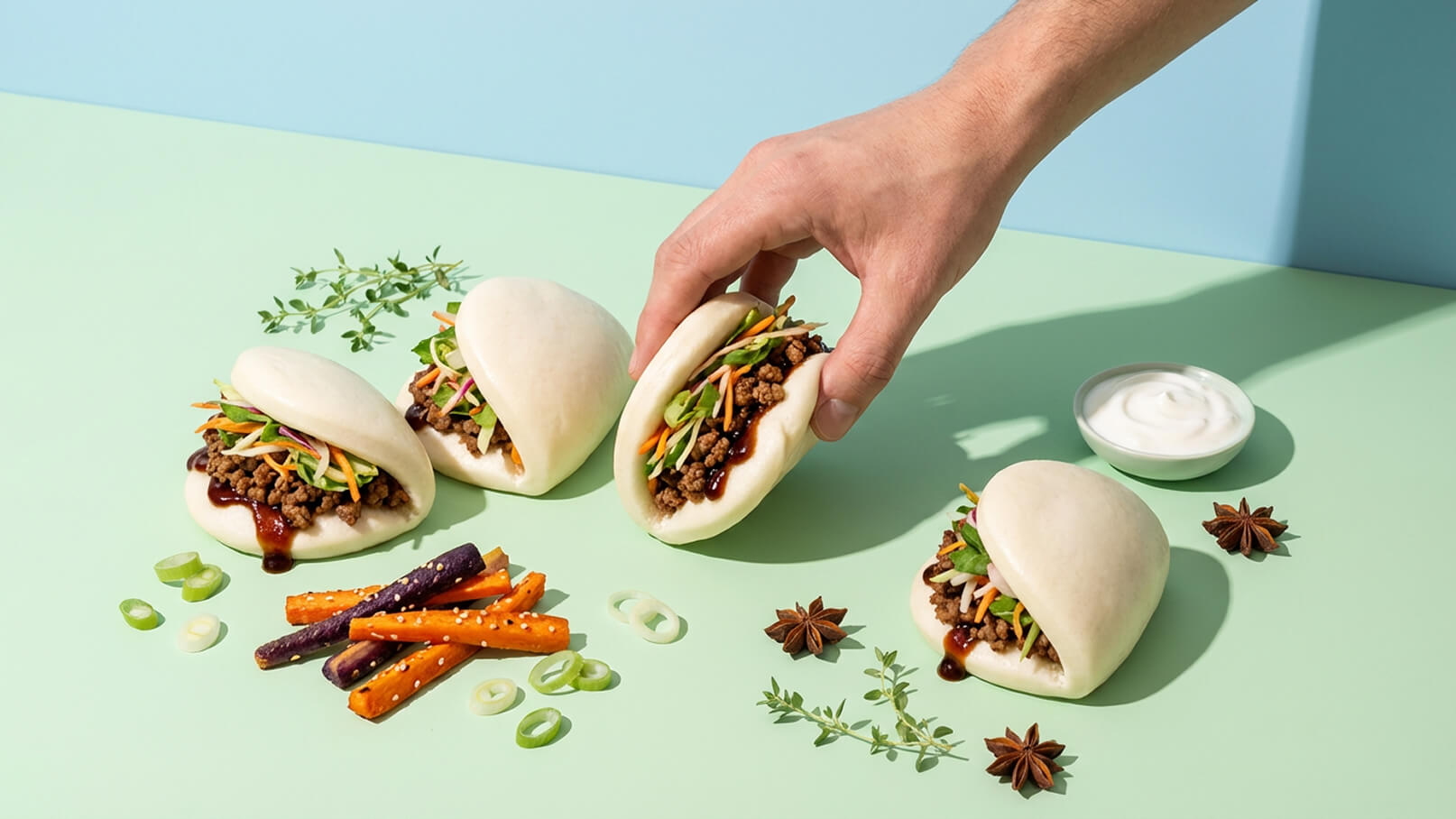 Ein Hand greift nach einem gefüllten Bao-Brötchen. Die Brötchen sind mit Hackfleisch, Gemüse und Soße gefüllt. Daneben liegen bunte Karotten und Schnittlauch, sowie eine kleine Schüssel mit einer weißen Soße. Der Hintergrund ist mintgrün mit einem blauen Himmel.