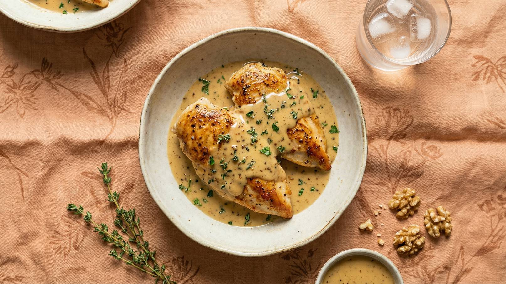 Ein Teller mit zwei gebratenen Hähnchenbrustfilets in einer cremigen Sauce, garniert mit frischer Kräuter. Daneben liegen einige Walnüsse und ein Glas mit Eiswasser. Der Hintergrund ist ein einfaches, gemustertes Tischtuch.