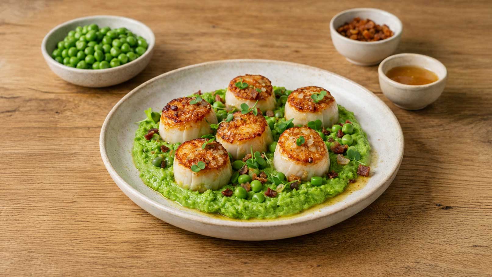 Auf einem Teller liegen fünf angebratene Jakobsmuscheln auf einem Bett aus grüner Erbsenpüree, garniert mit Erbsen und kleinen Stückchen Speck. Daneben befinden sich Schalen mit frischen Erbsen und einer Sauce. Der Hintergrund ist aus hellem Holz gefertigt.