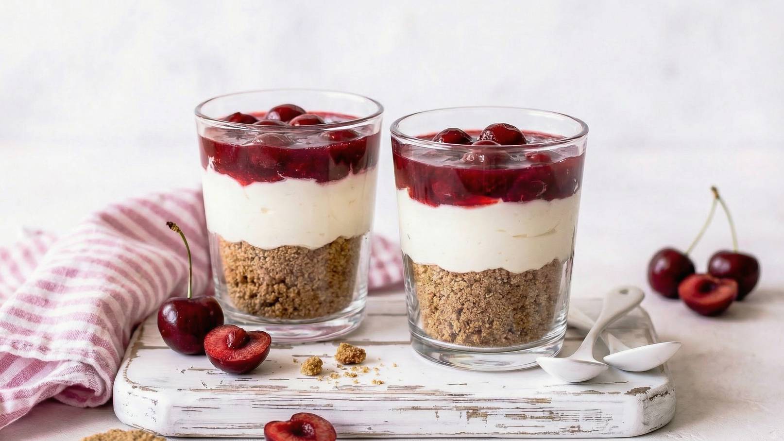 Zwei Gläser mit Schichtdessert, gefüllt mit Keksbröseln, einer Schicht aus Joghurt und einer roten Kirschsoße obendrauf. Neben den Gläsern liegen weiße Löffel und einige frische Kirschen auf einem rustikalen Untergrund. Ein gestreifter Tischläufer ergänzt die Präsentation.
