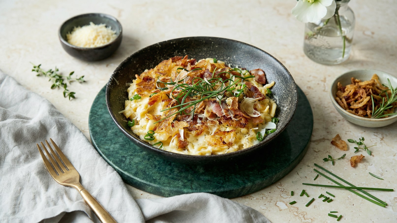Ein schwarzes Schälchen mit einer cremigen Pasta, garniert mit knusprigem Speck und frischem Schnittlauch, ist auf einem grünen Teller angerichtet. Neben dem Gericht befinden sich einige Kräuter und eine kleine Schale mit frittierten Zwiebeln.