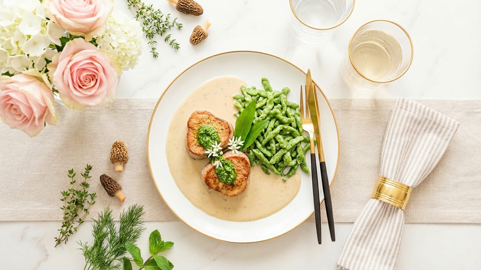 Ein eleganter Teller mit zwei gebratenen Filets, garniert mit grünem Pesto und frischen Kräutern, serviert mit grünen Bohnen in einer cremigen Sauce. Daneben ein festlich gedeckter Tisch mit einer Tischdecke, Besteck und Fliederfarbenen Rosen in der Mitte.