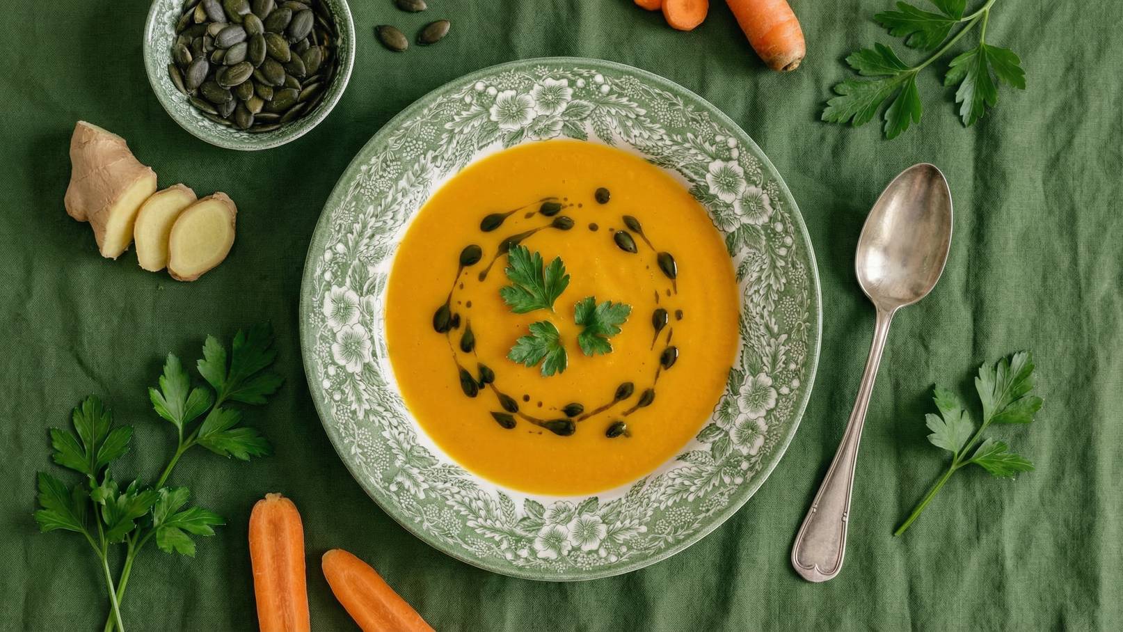 Eine grüne Serviette zeigt einen Teller mit orangefarbener Suppe, verziert mit frischem Koriander und Kürbiskernen. Neben dem Teller liegen frische Karotten, Ingwer und Petersilie. Ein glänzender Löffel befindet sich rechts vom Teller.