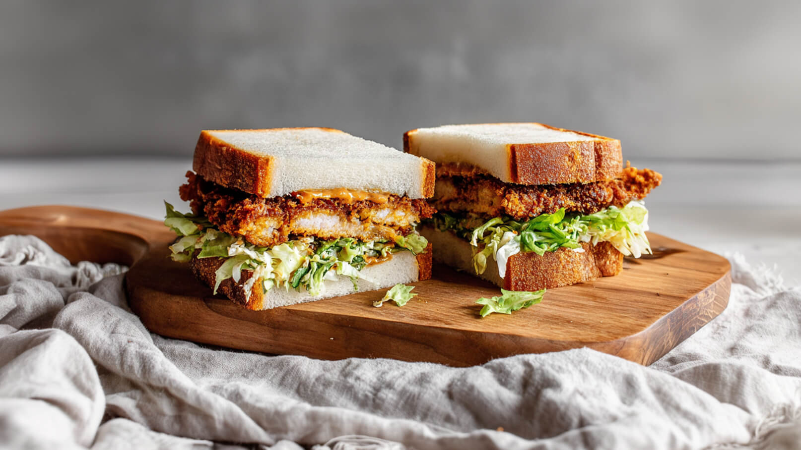 Ein Sandwich besteht aus zwei Scheiben Brot, gefüllt mit knusprigem, paniertem Hähnchen und frischem Salat. Das Sandwich steht auf einem Holzbrett und wirkt appetitlich und einladend.