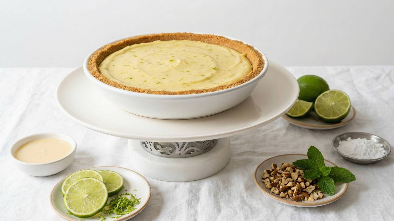 Ein Cheesecake auf einem eleganten Ständer, mit einer glatten, hellen Füllung und einem Keksboden. Daneben liegen frische Limettenscheiben, geriebene Limette, gehackte Nüsse und eine kleine Schüssel mit einer weiteren Zutat. Der Hintergrund ist hell und neutral.